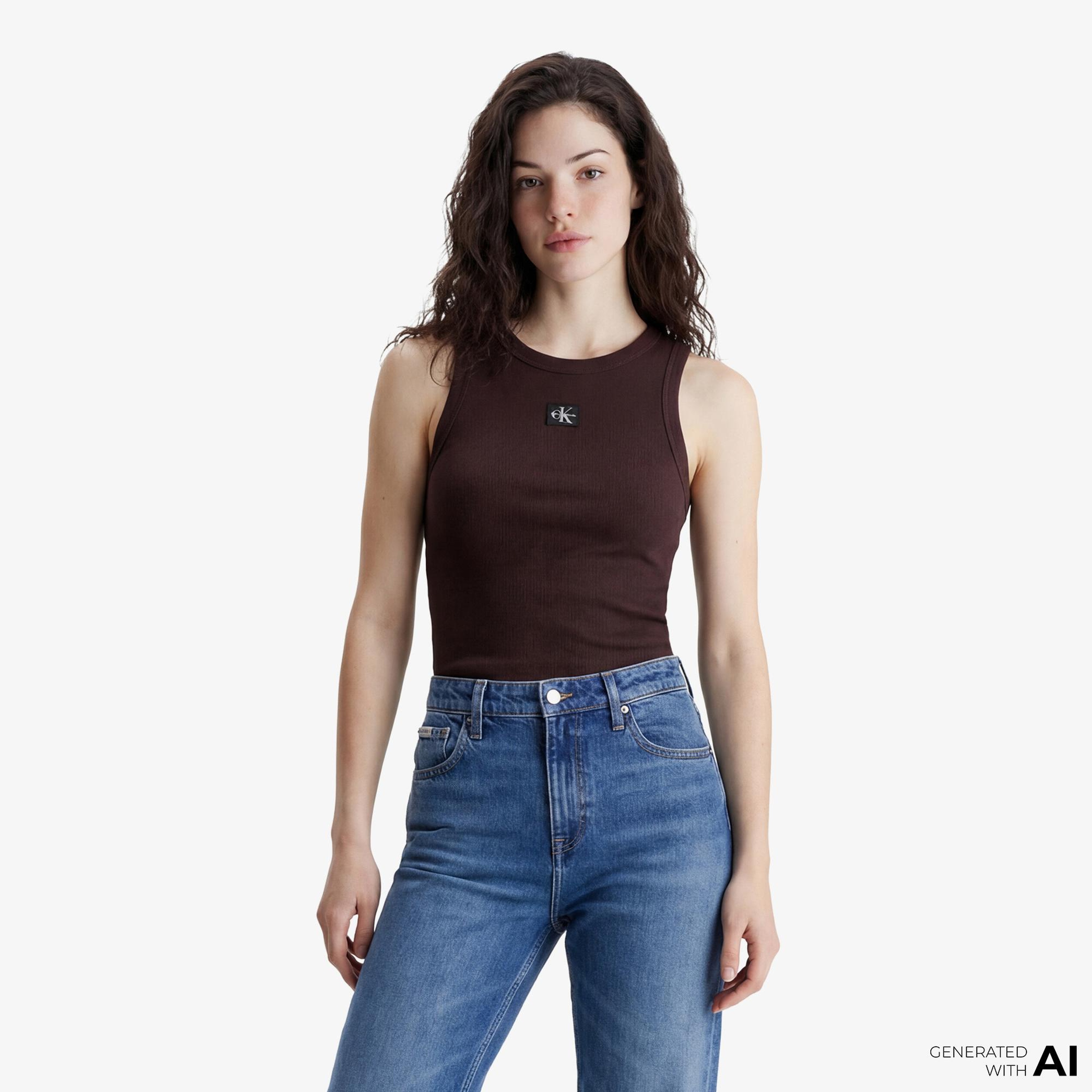 Calvin Klein Woven Label 2X2 Baby Rib Kadın Kahverengi Kolsuz T-Shirt