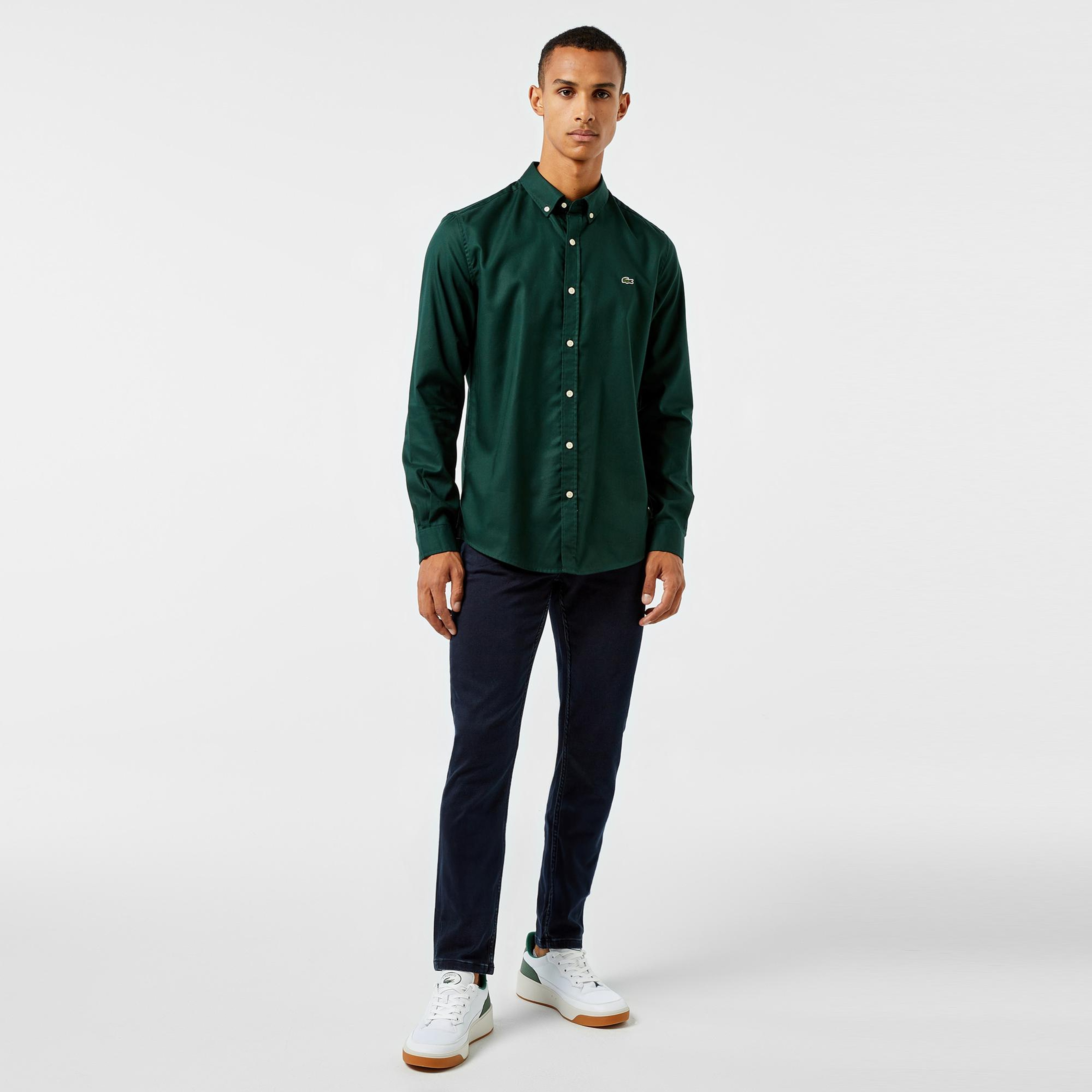 Lacoste Erkek Slim Fit Düğmeli Yaka Koyu Yeşil Gömlek