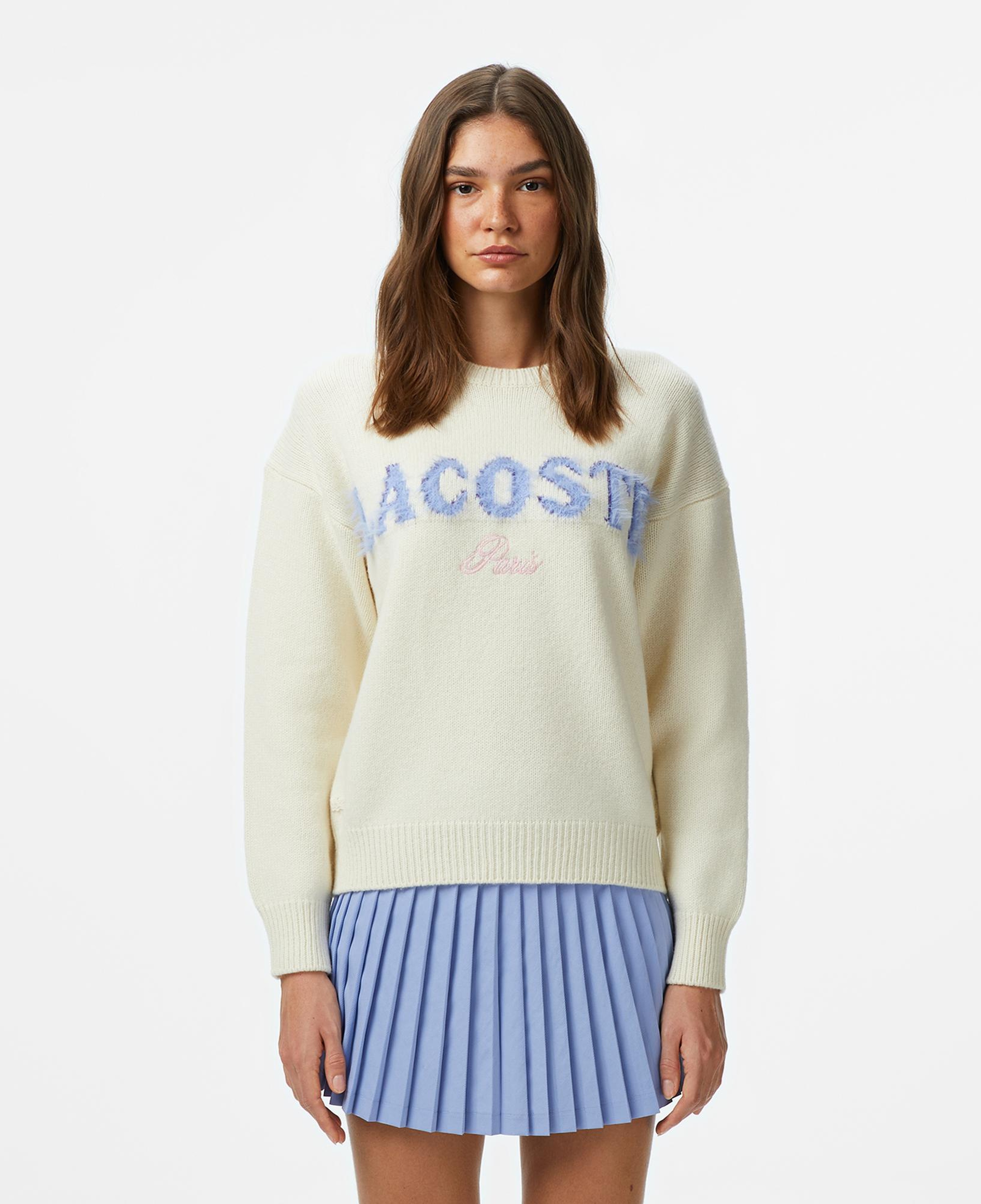 Lacoste Kadın Classic Fit Bisiklet Yaka Baskılı Yün Krem Kazak