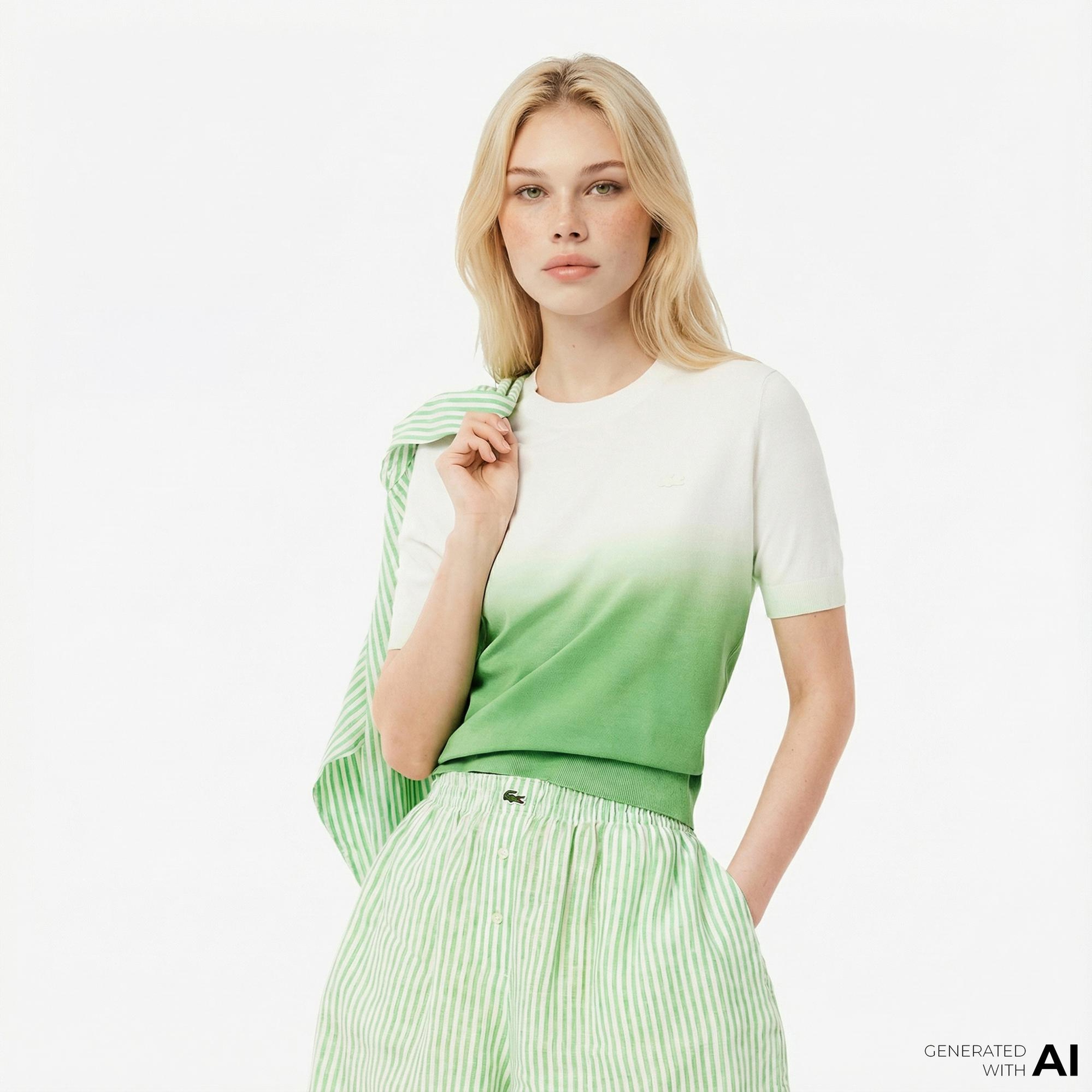 Lacoste Kadın Classic Fit Kısa Kollu Bisiklet Yaka Renk Bloklu Yeşil Triko