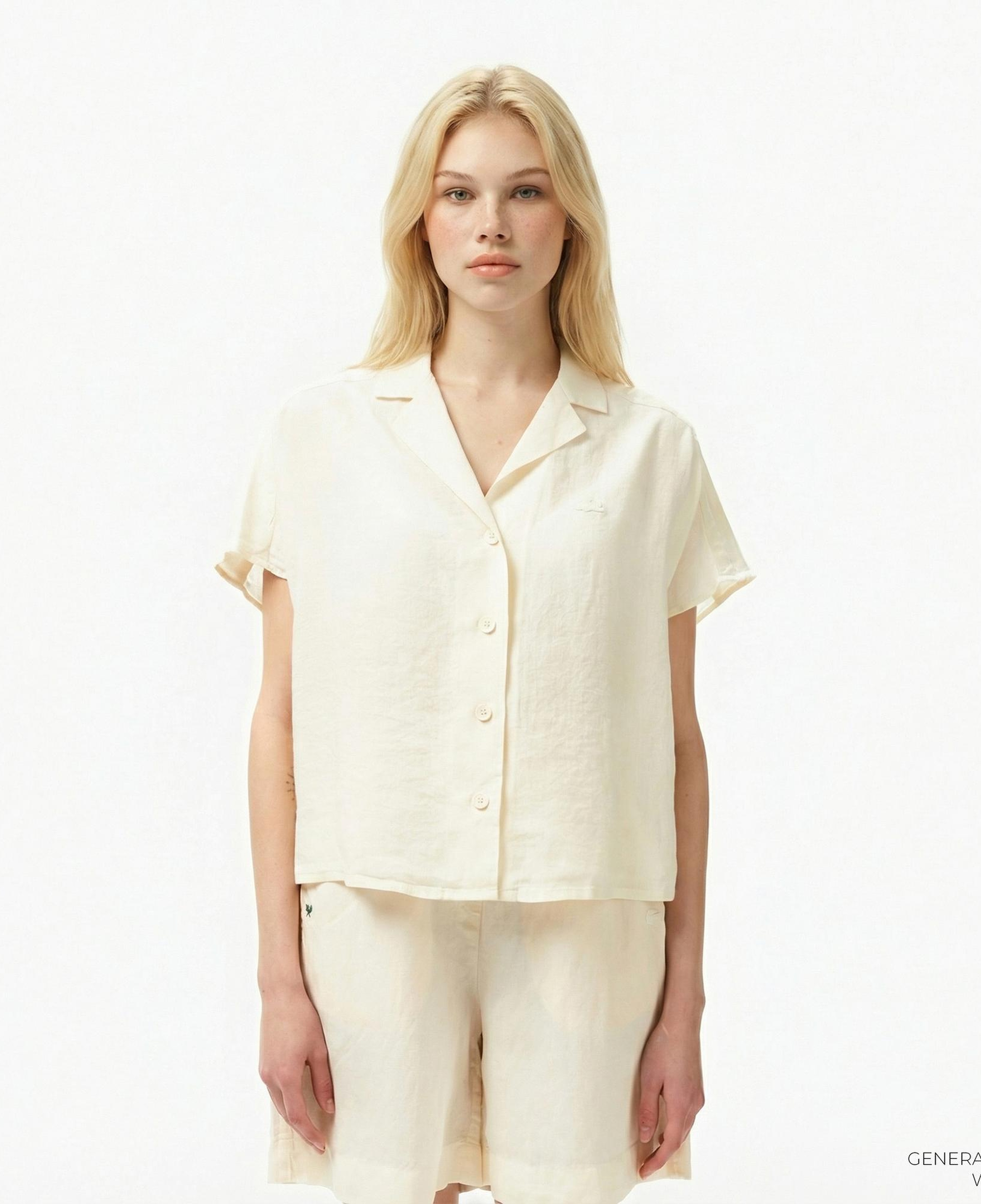 Lacoste Kadın Regular Fit Kısa Kollu Keten Beyaz Gömlek