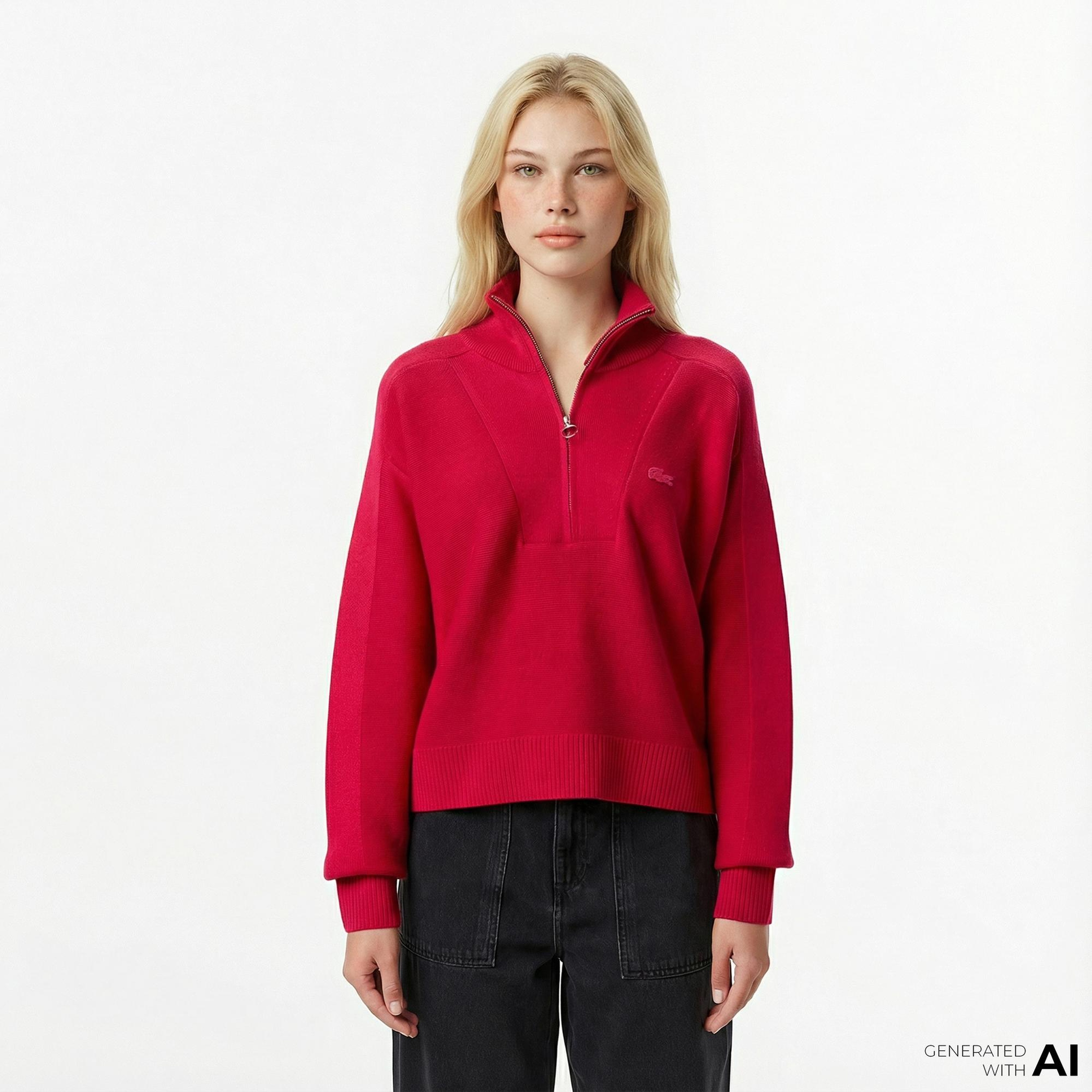 Lacoste Kadın Classic Fit Yarım Fermuarlı Kırmızı Kazak