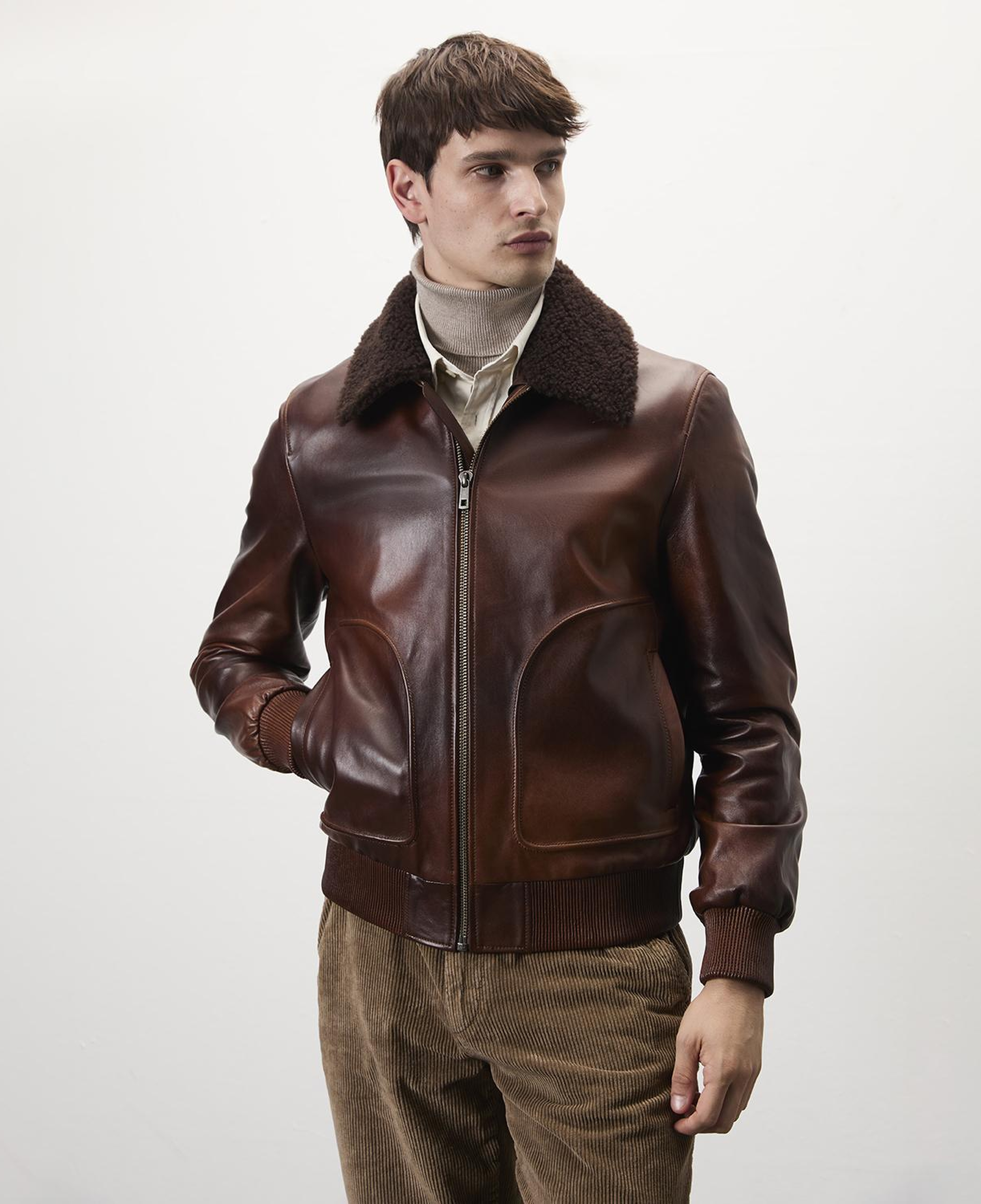 Safira Kahve Erkek Kürk Yakalı Deri Ceket