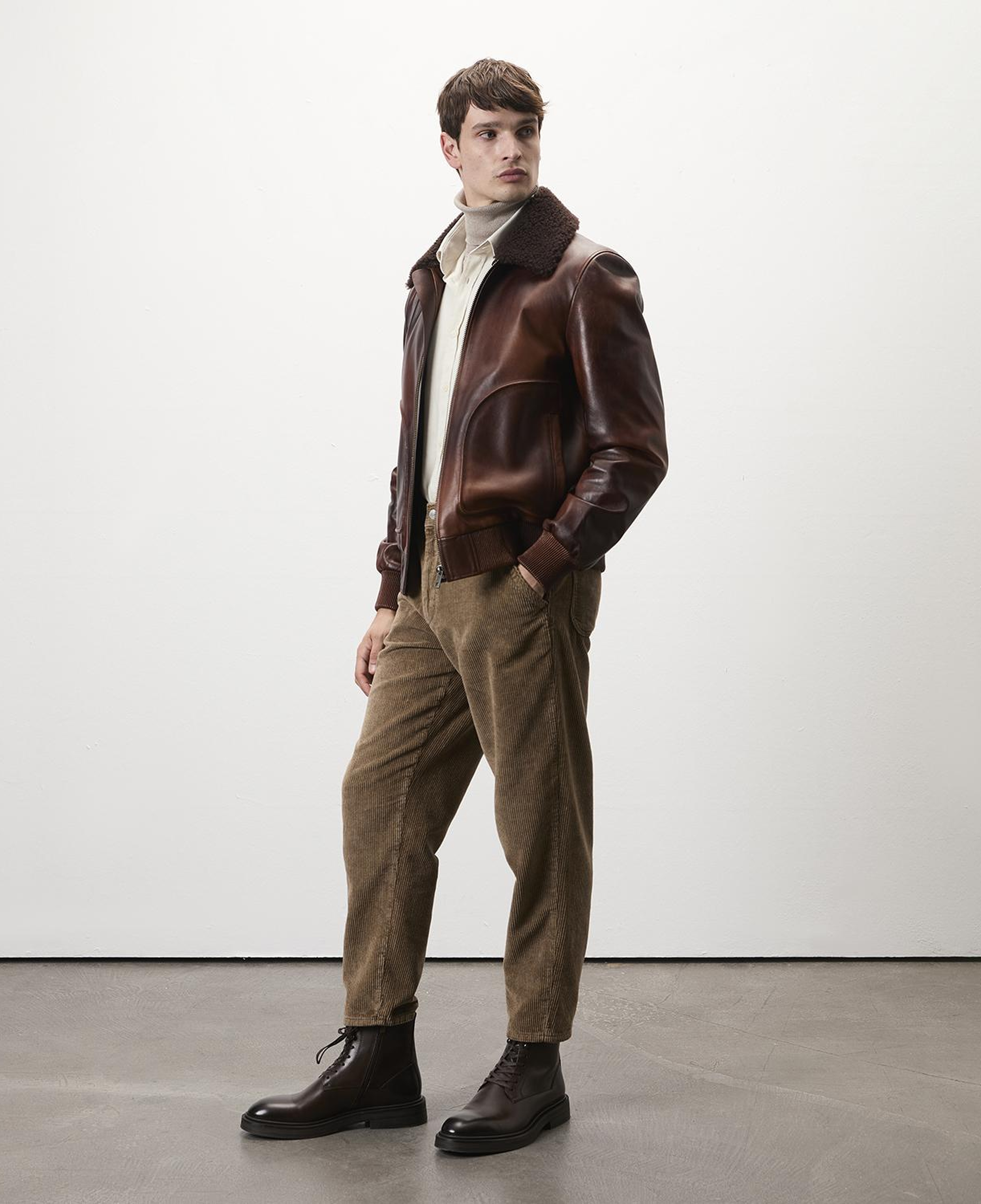 Safira Kahve Erkek Kürk Yakalı Deri Ceket