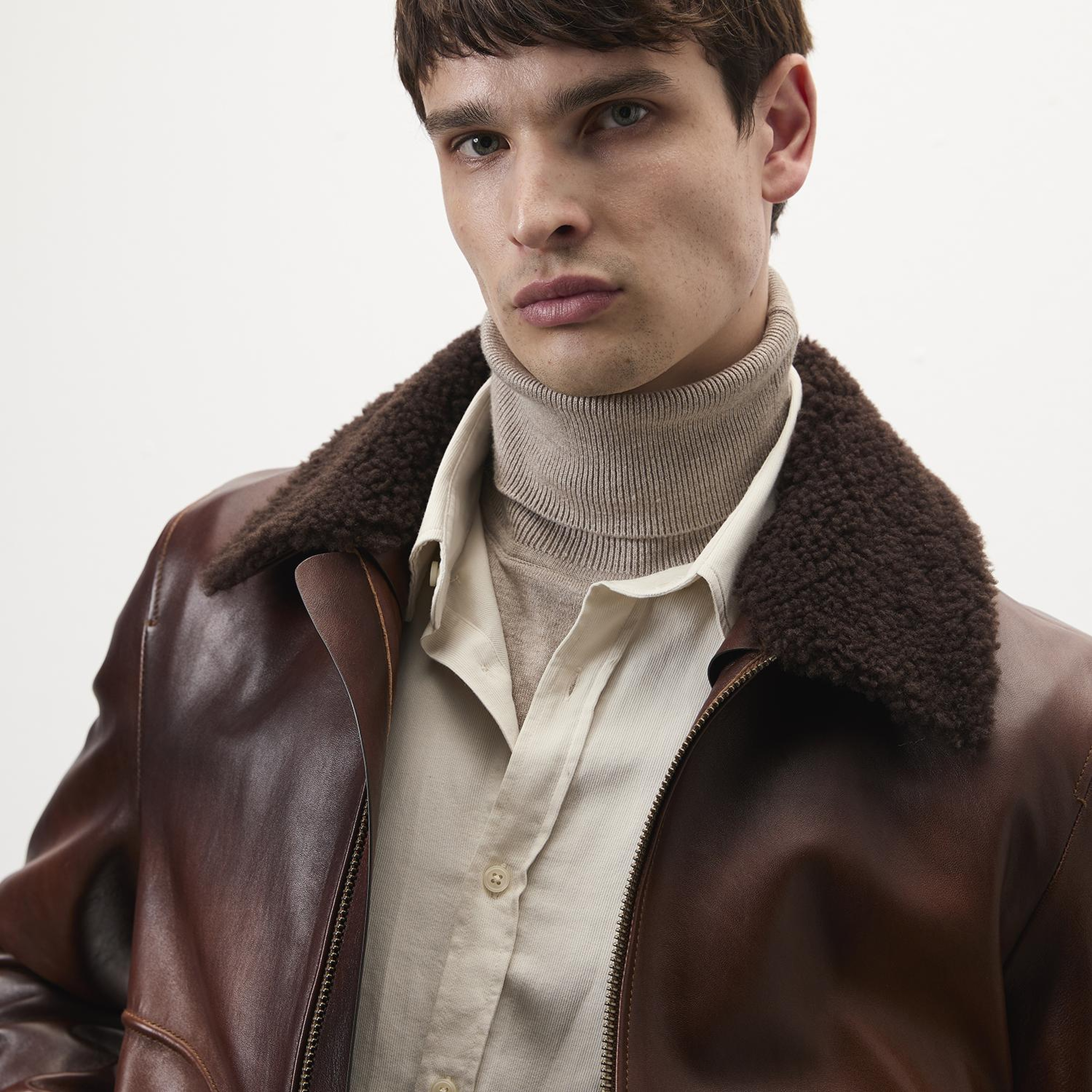 Safira Kahve Erkek Kürk Yakalı Deri Ceket