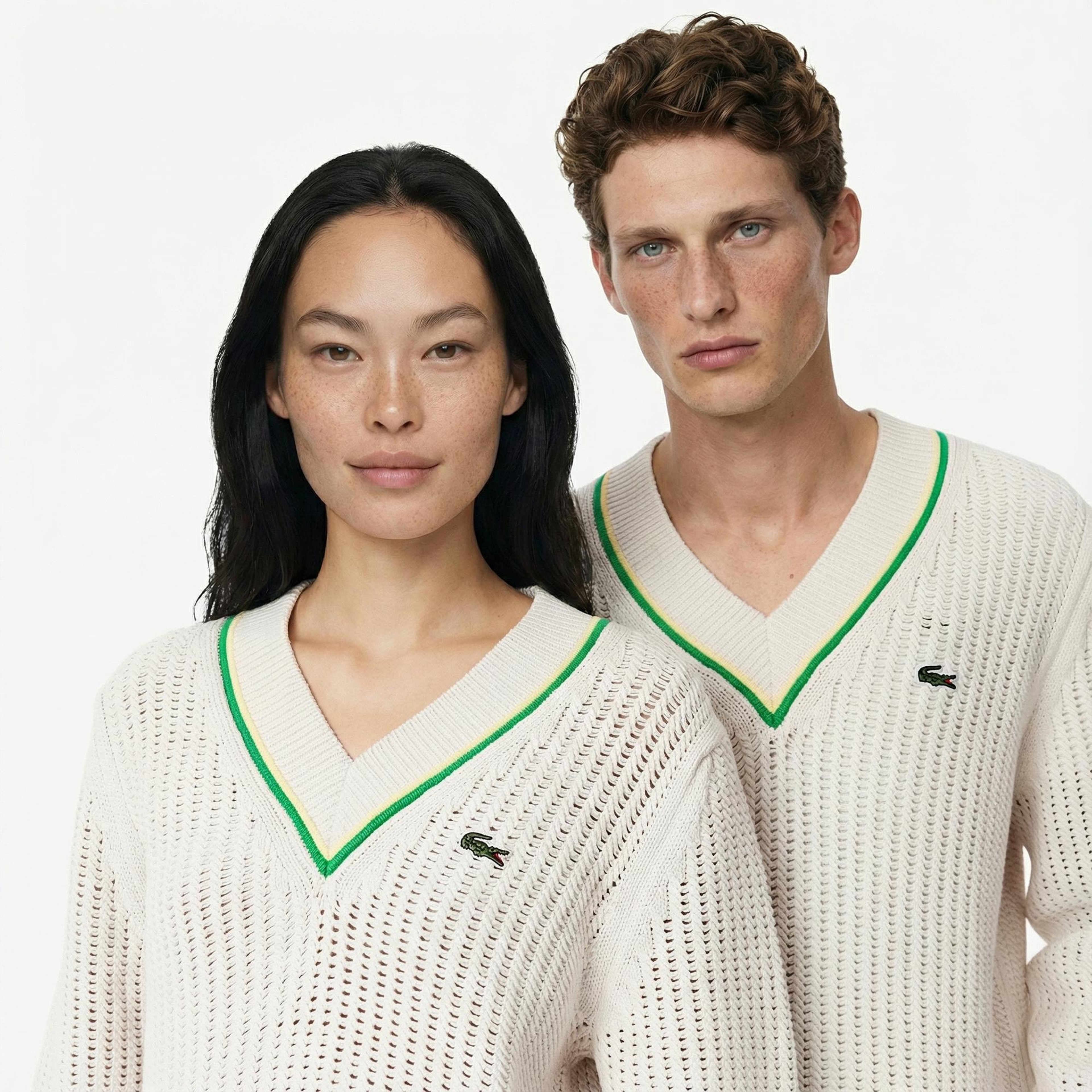 Lacoste Unisex Classic Fit V Yaka Krem Kazak