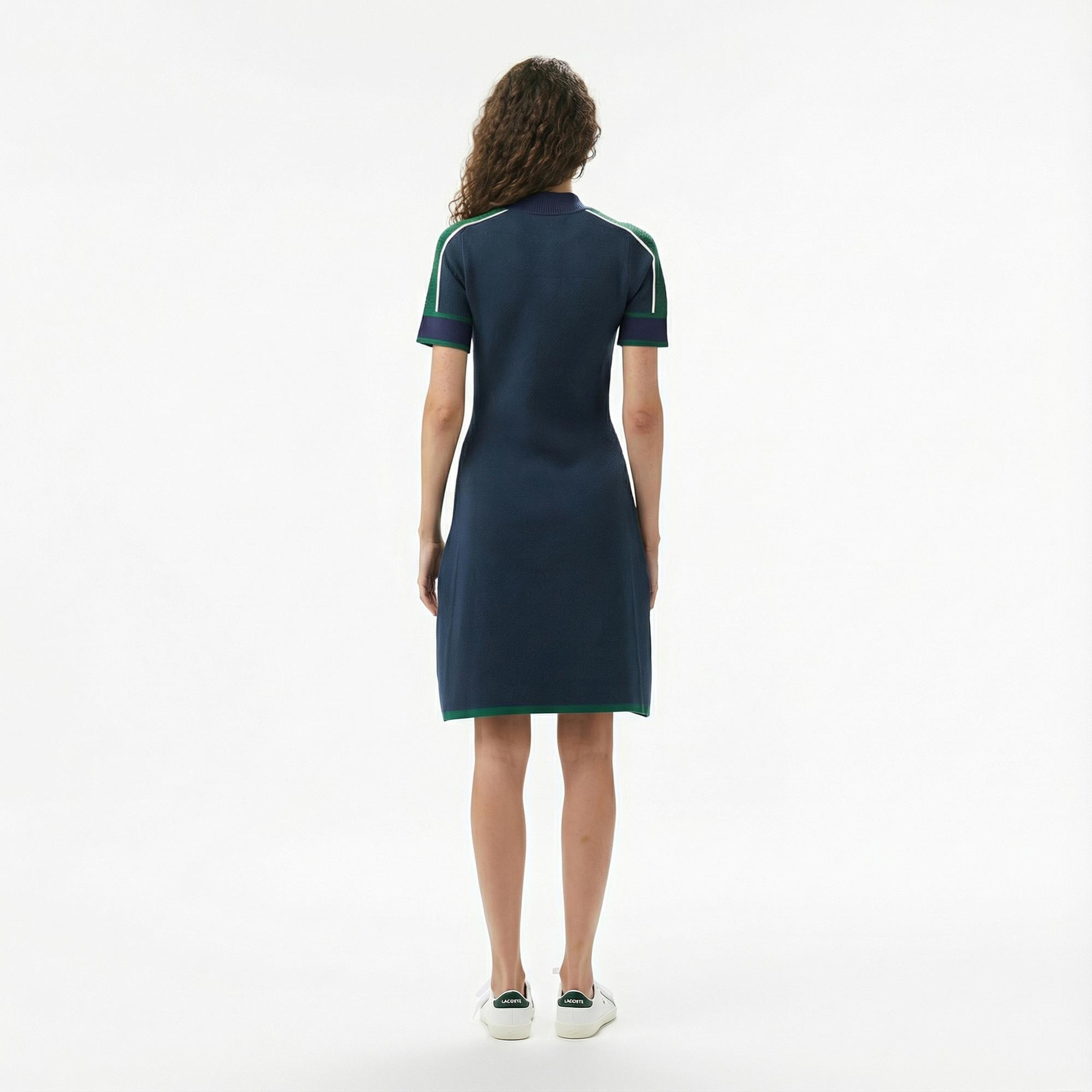 Lacoste Kadın Classic Fit Kısa Kollu Yarım Fermuarlı Renk Bloklu Lacivert Elbise