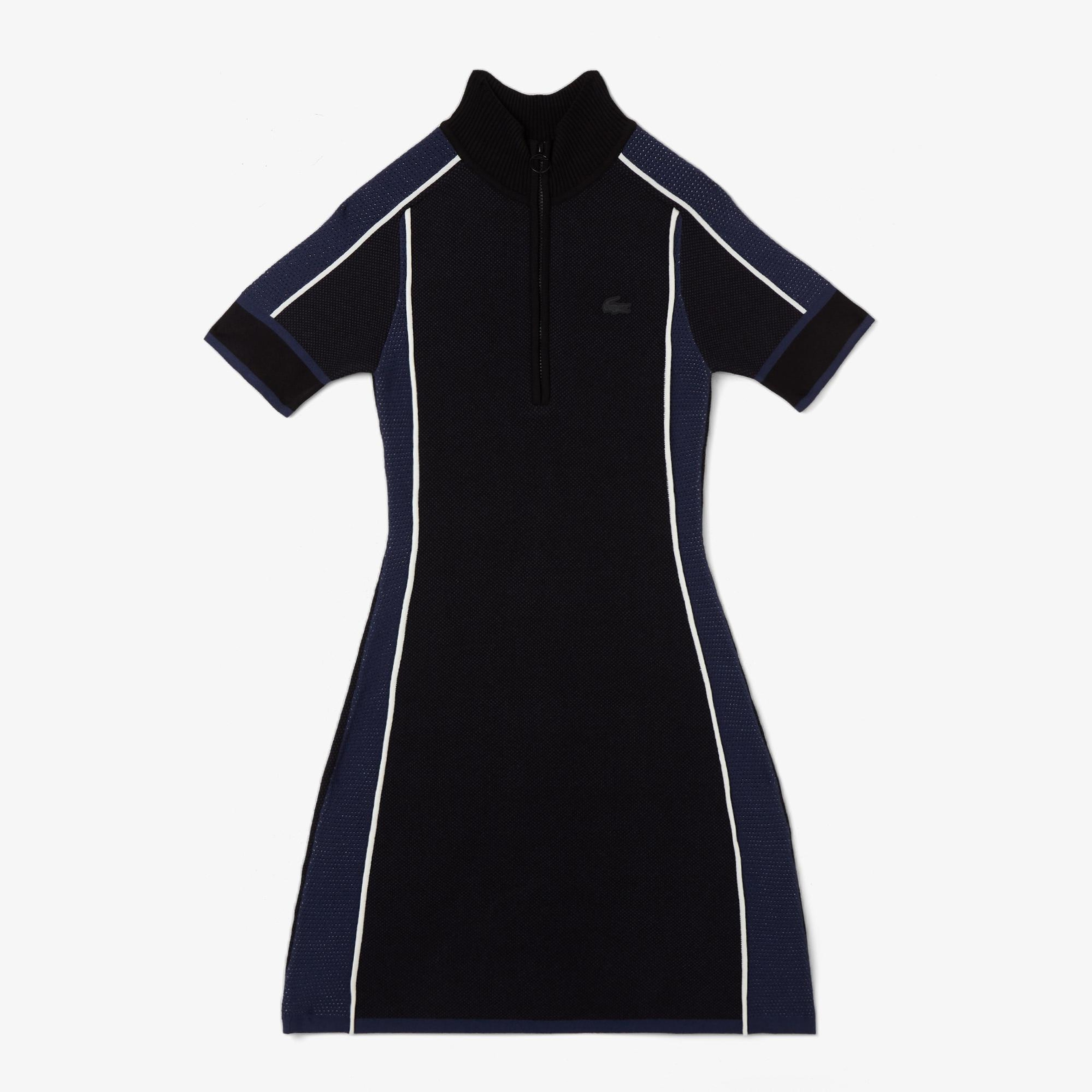 Lacoste Kadın Classic Fit Kısa Kollu Yarım Fermuarlı Renk Bloklu Siyah Elbise
