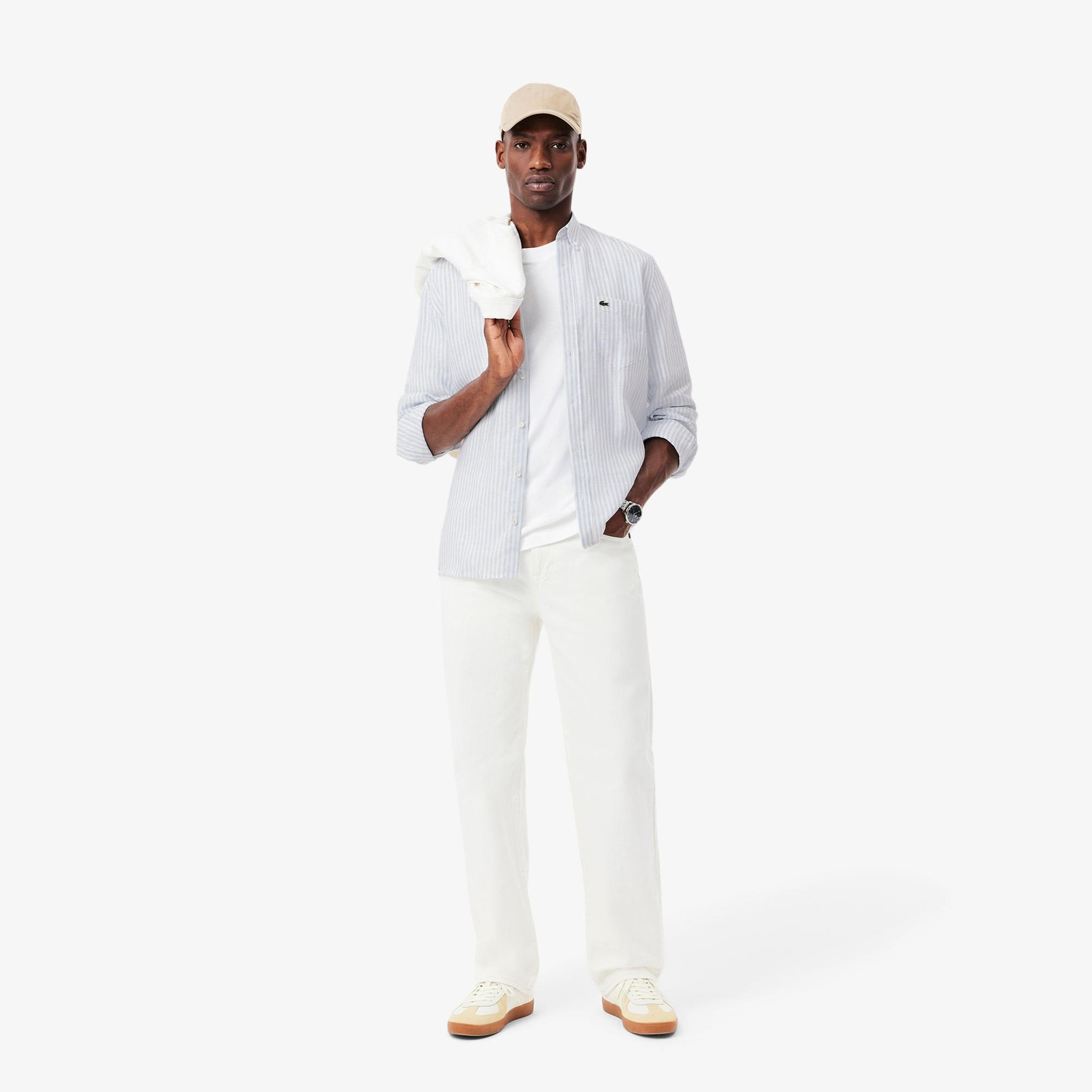 Lacoste Erkek Regular Fit Düğmeli Yaka Çizgili Keten Açık Mavi Gömlek