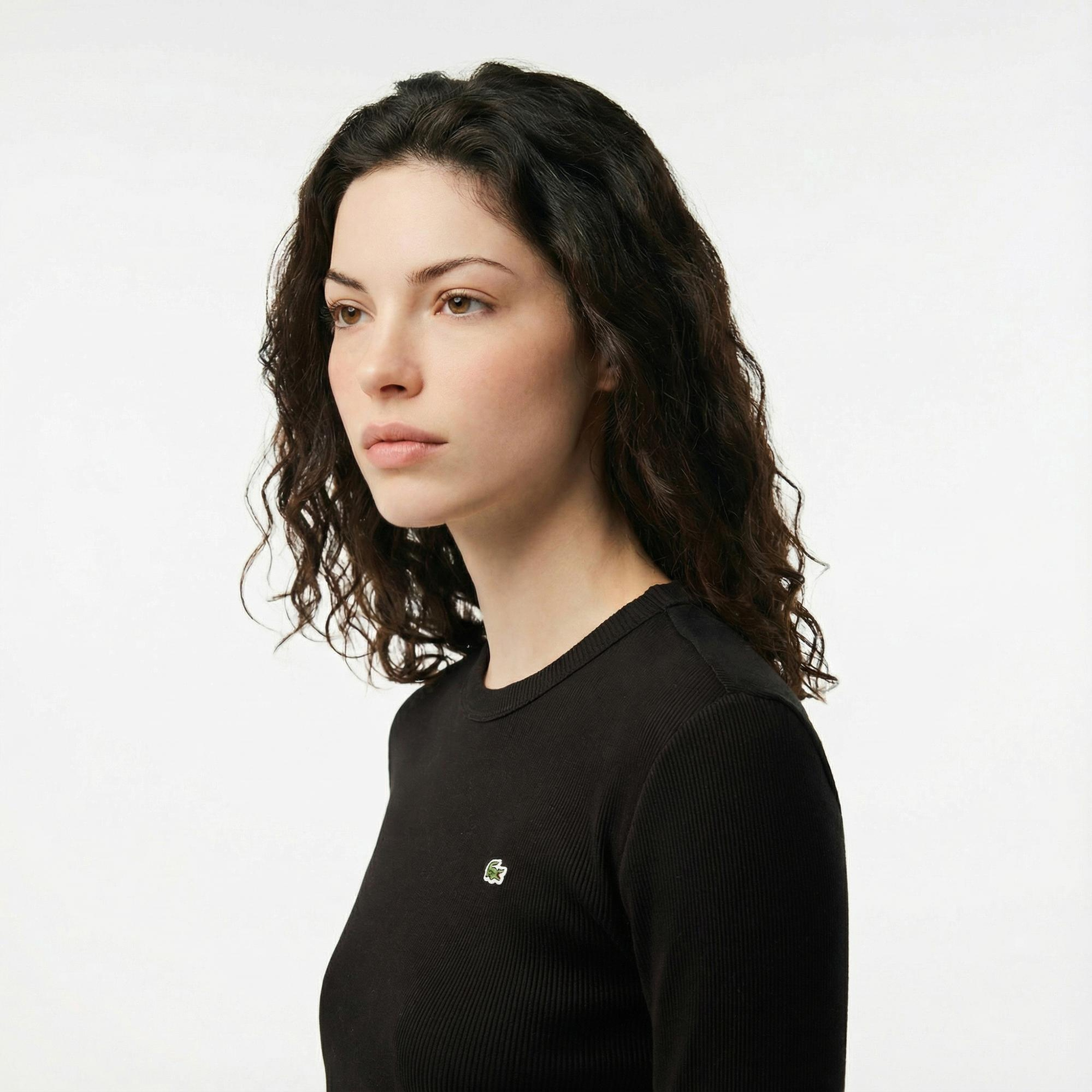 Lacoste Kadın Slim Fit Uzun Kollu Bisiklet Yaka Siyah T-Shirt