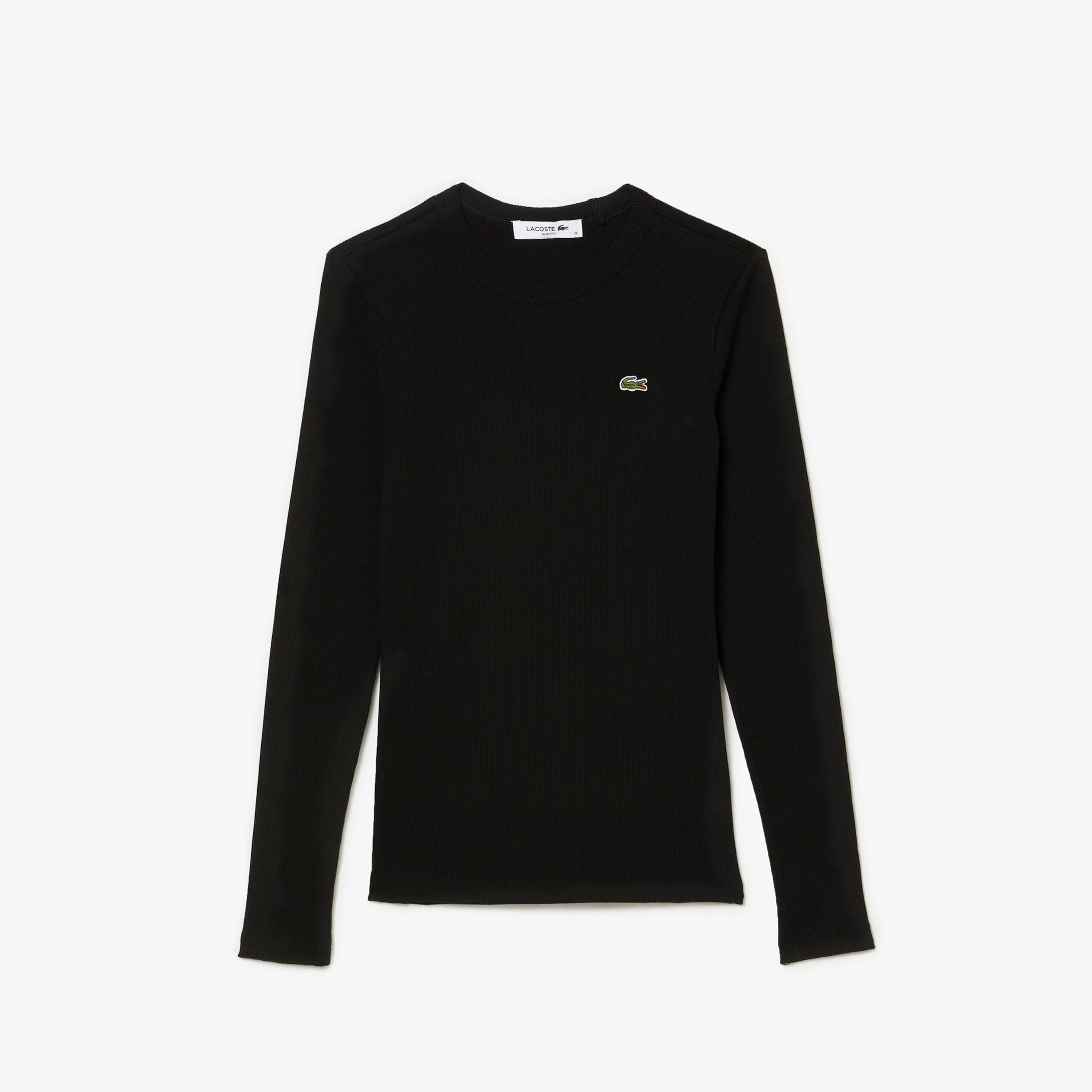 Lacoste Kadın Slim Fit Uzun Kollu Bisiklet Yaka Siyah T-Shirt