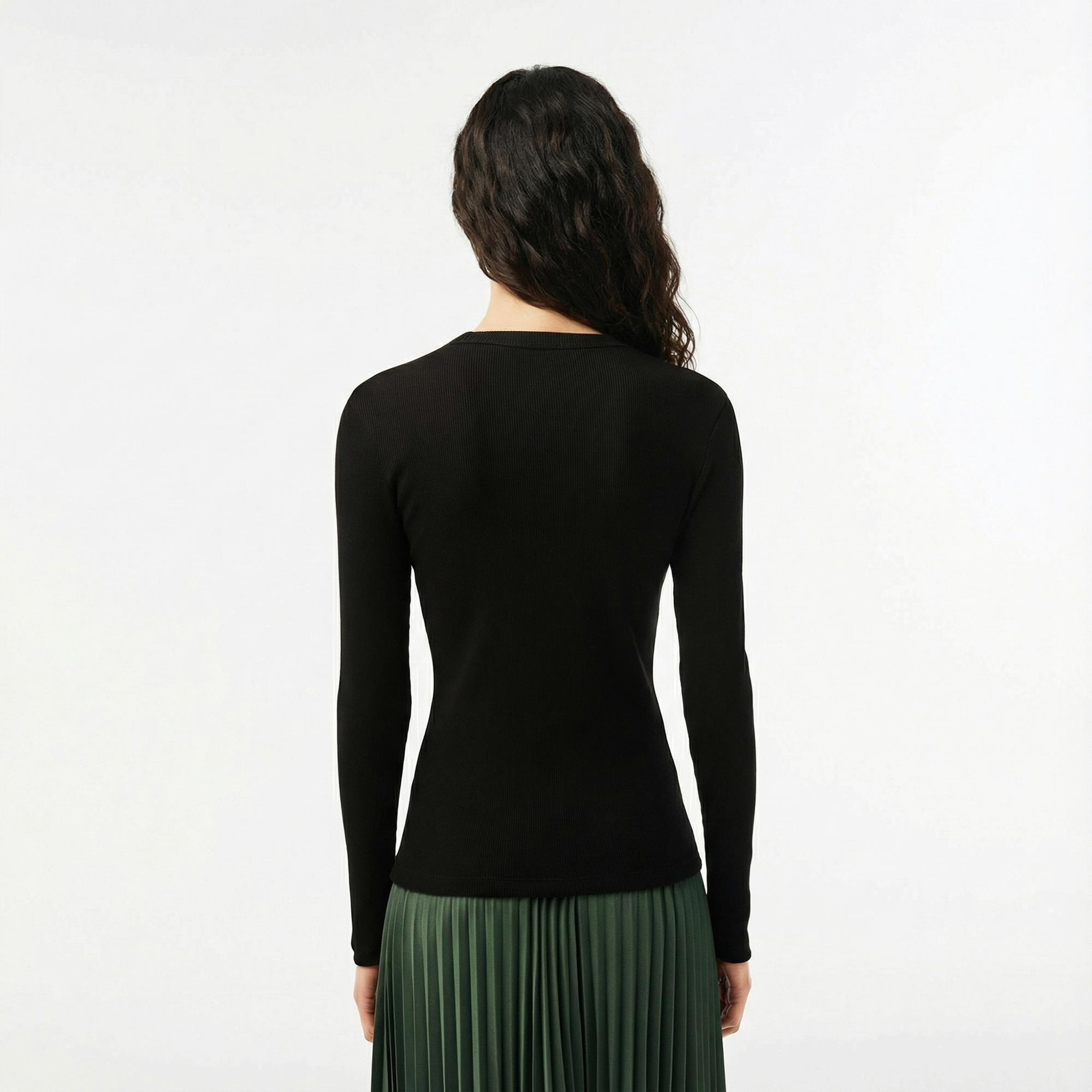 Lacoste Kadın Slim Fit Uzun Kollu Bisiklet Yaka Siyah T-Shirt