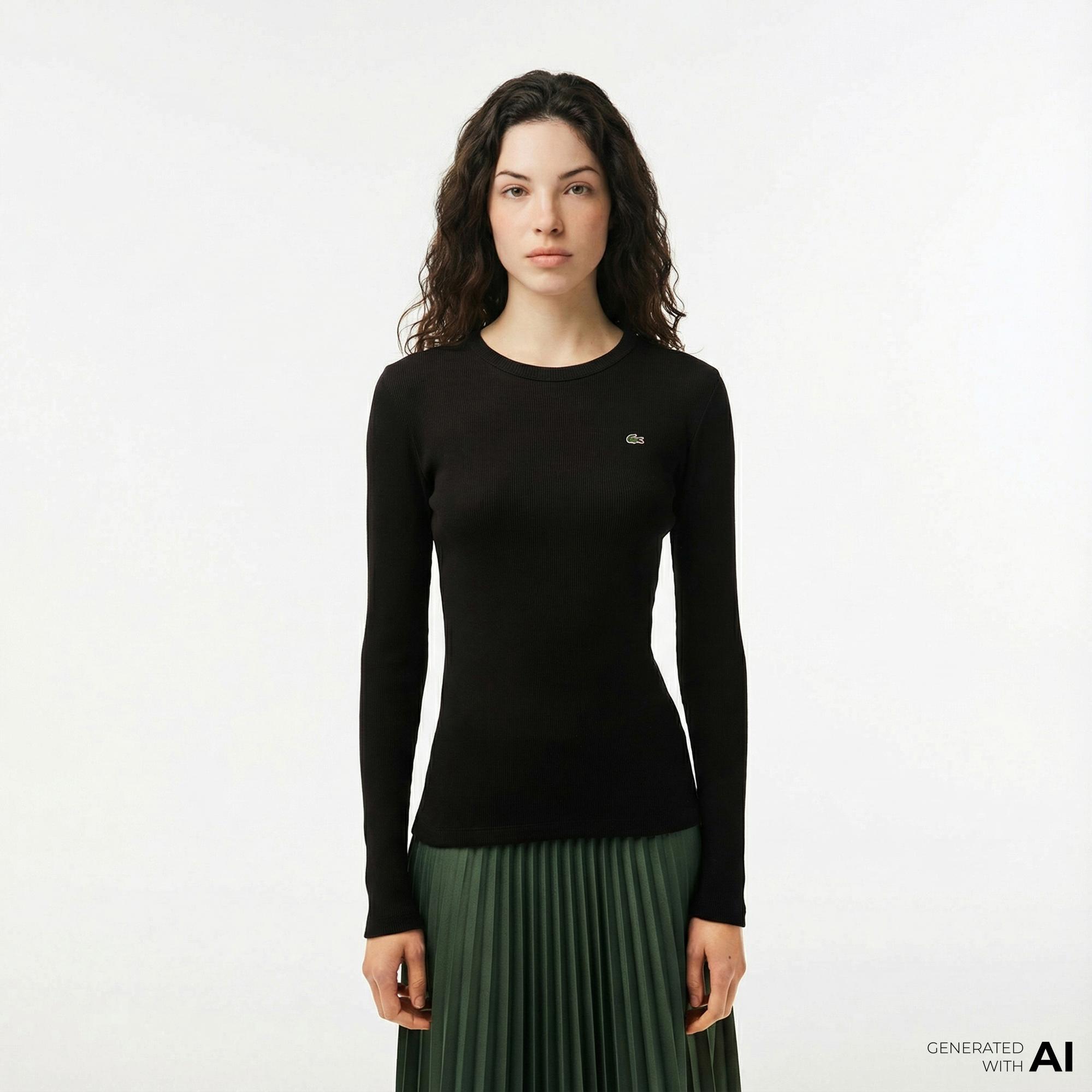 Lacoste Kadın Slim Fit Uzun Kollu Bisiklet Yaka Siyah T-Shirt