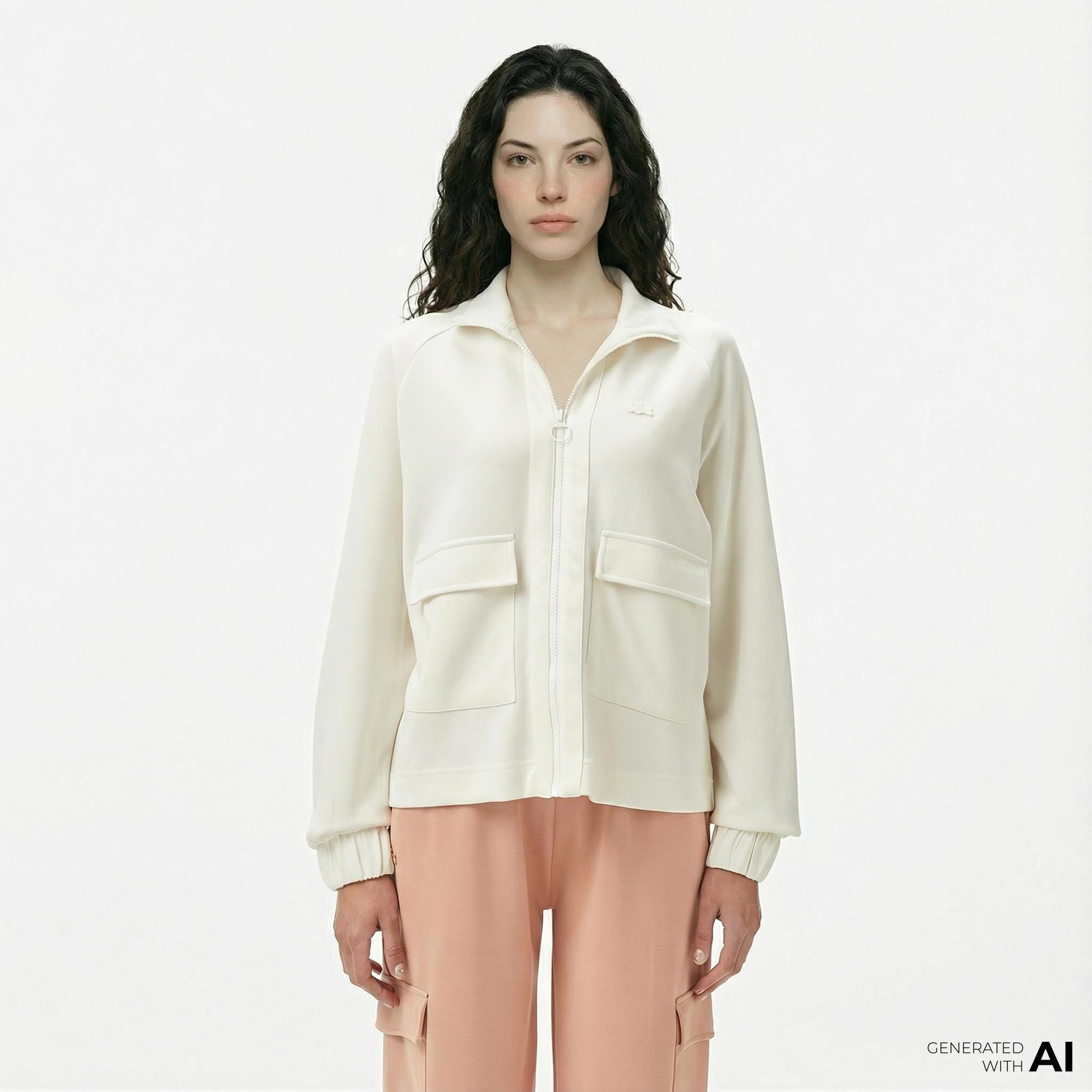 Lacoste Kadın Loose Fit Fermuarlı Beyaz Sweatshirt