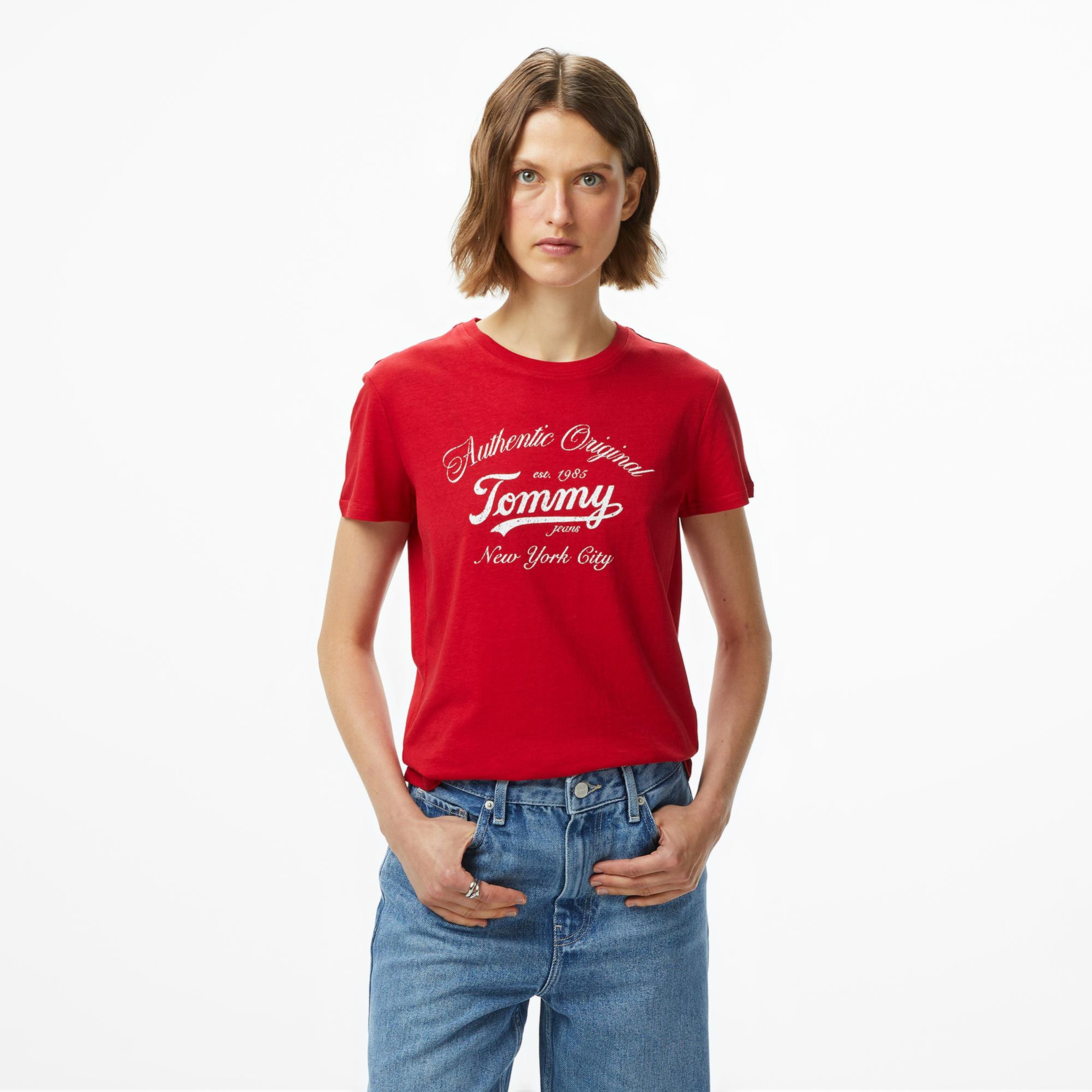 Tommy Hilfiger Essential Logo 1 Kadın Kırmızı T-Shirt