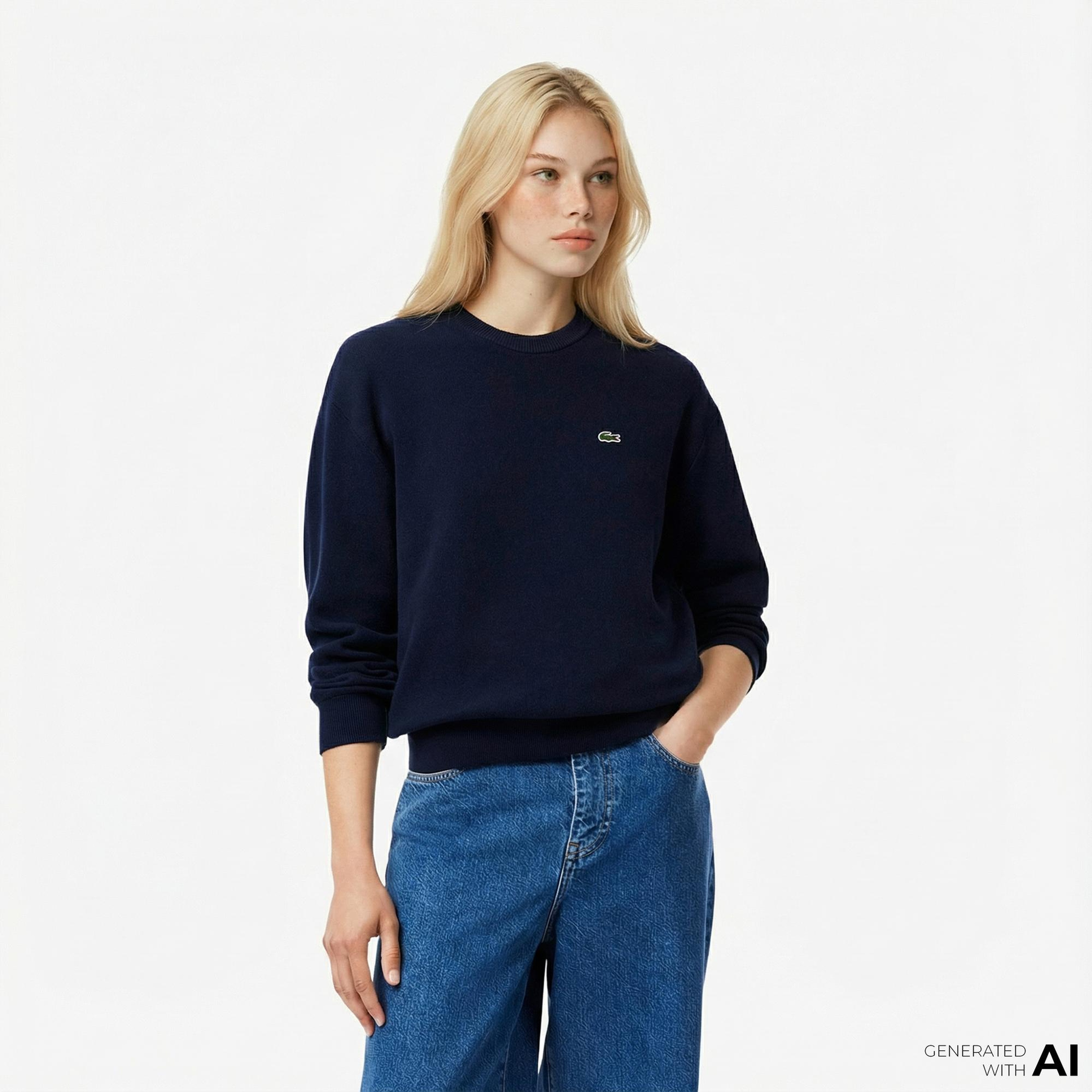 Lacoste Kadın Relaxed Fit Bisiklet Yaka Lacivert Kazak