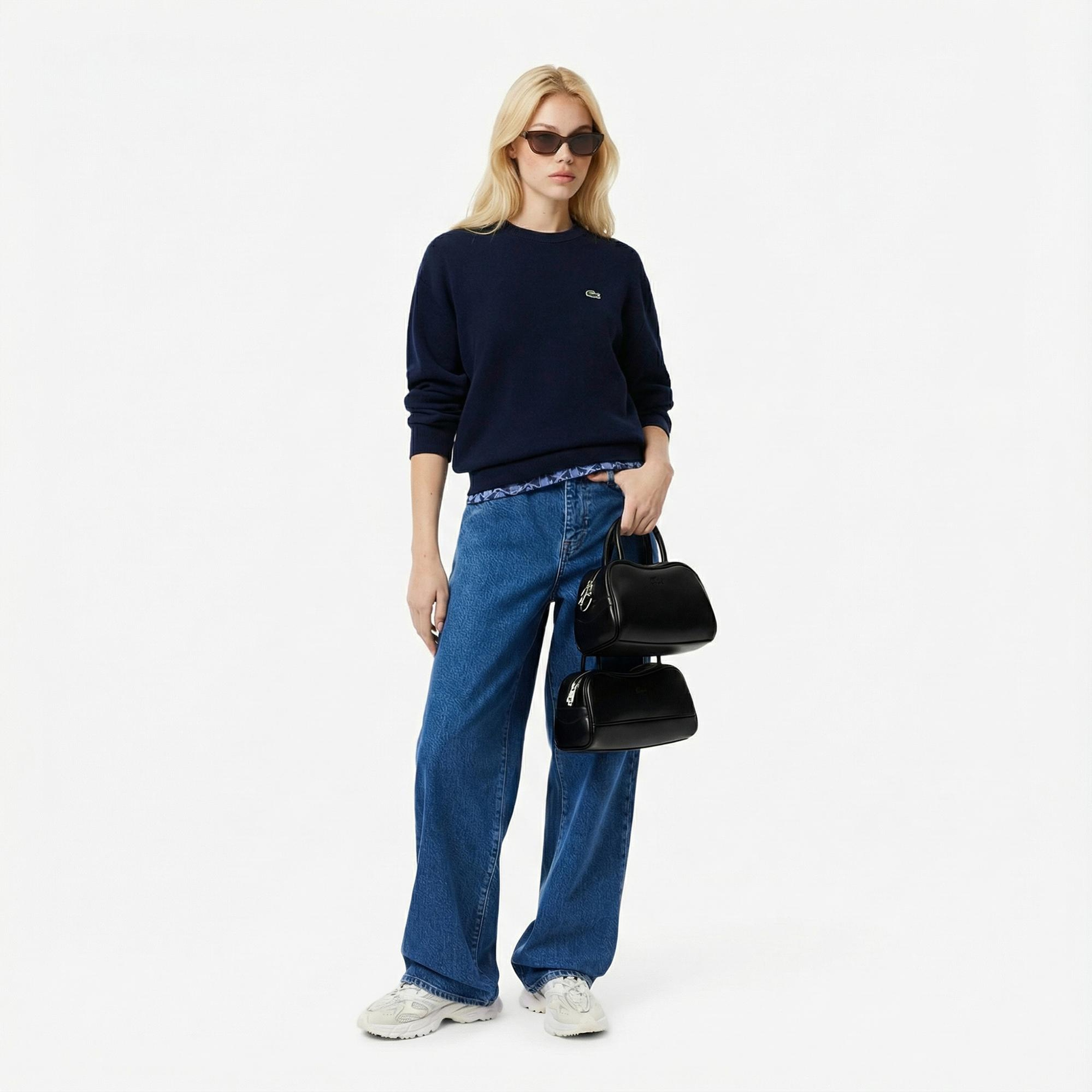 Lacoste Kadın Relaxed Fit Bisiklet Yaka Lacivert Kazak