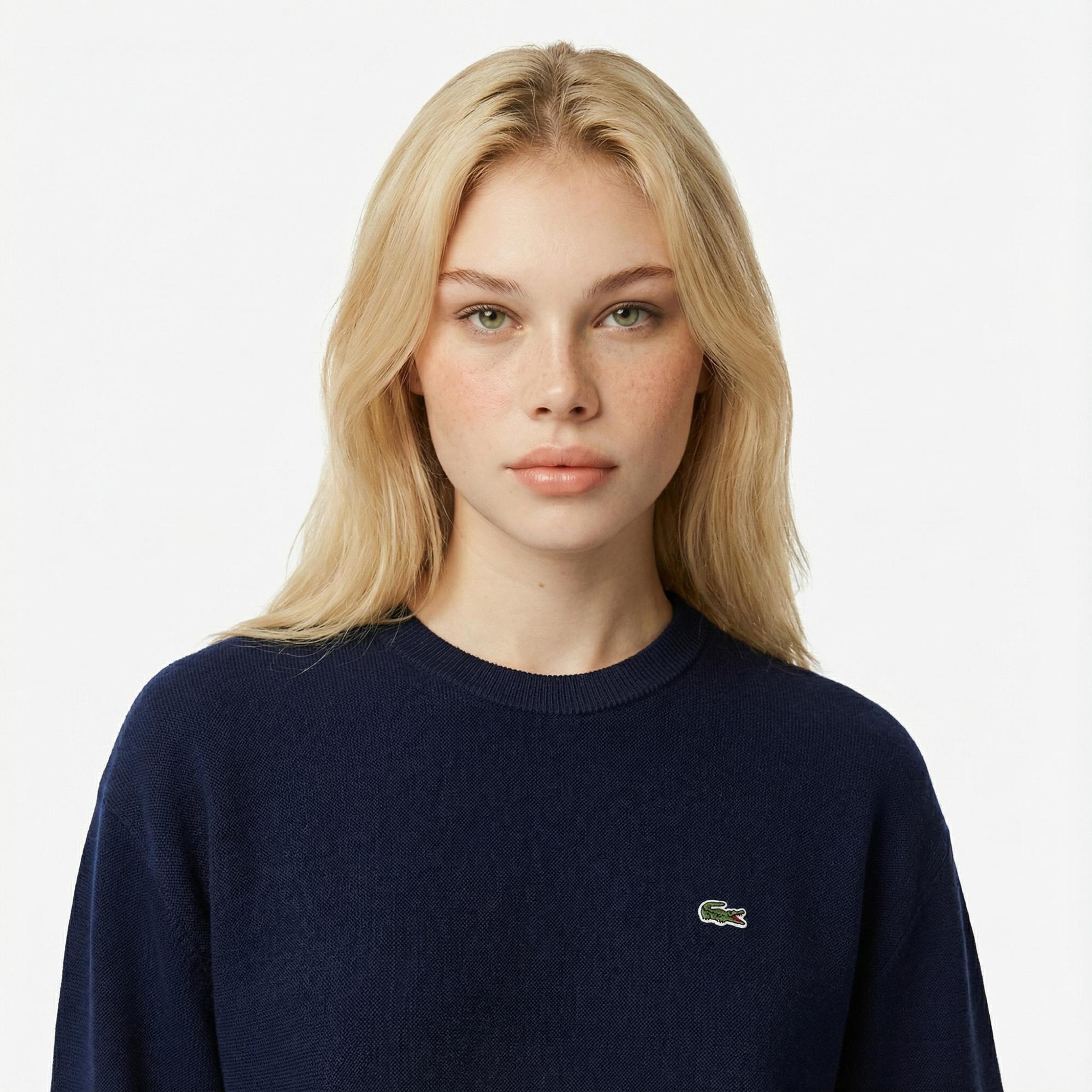 Lacoste Kadın Relaxed Fit Bisiklet Yaka Lacivert Kazak