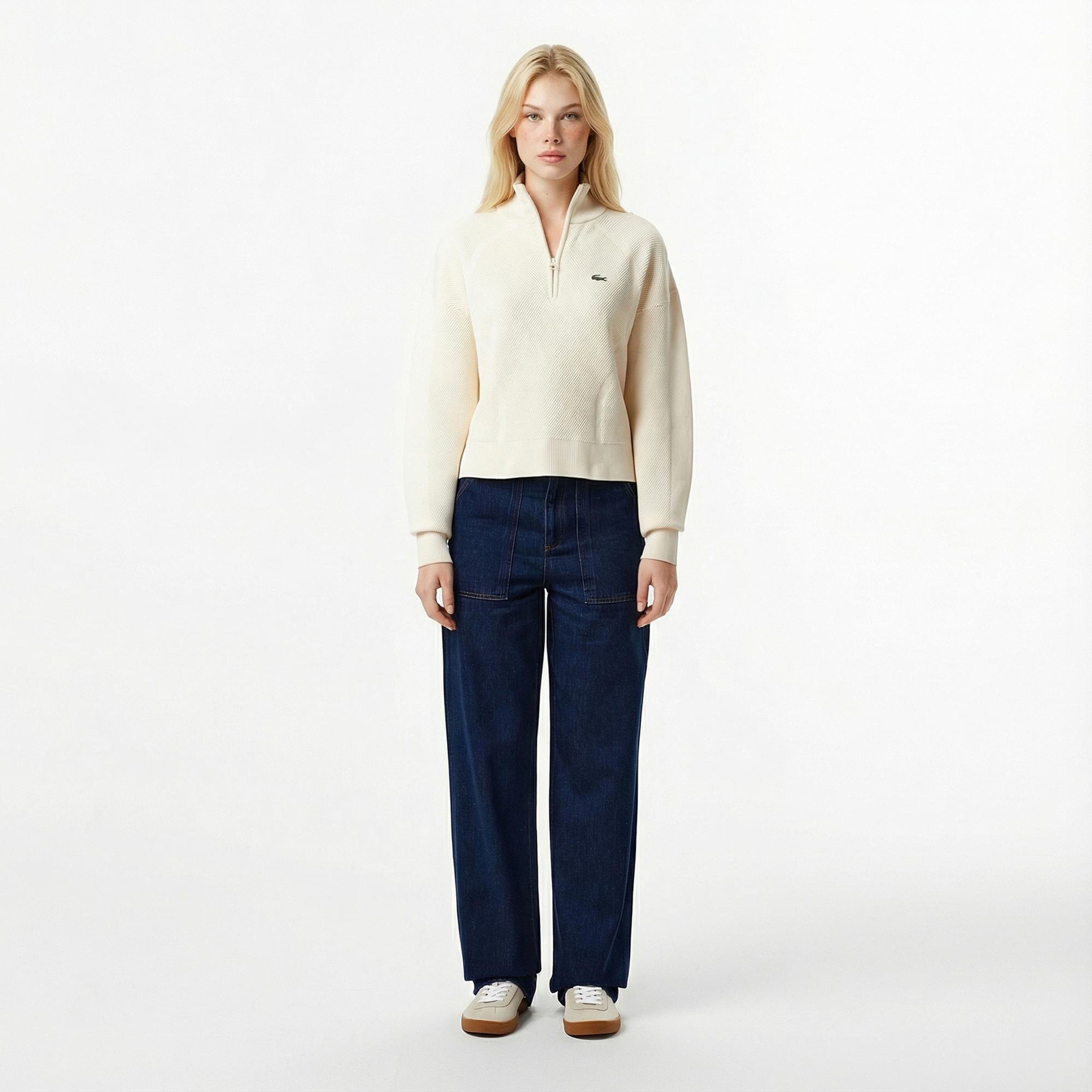Lacoste Kadın Relaxed Fit Yarım Fermuarlı Krem Kazak