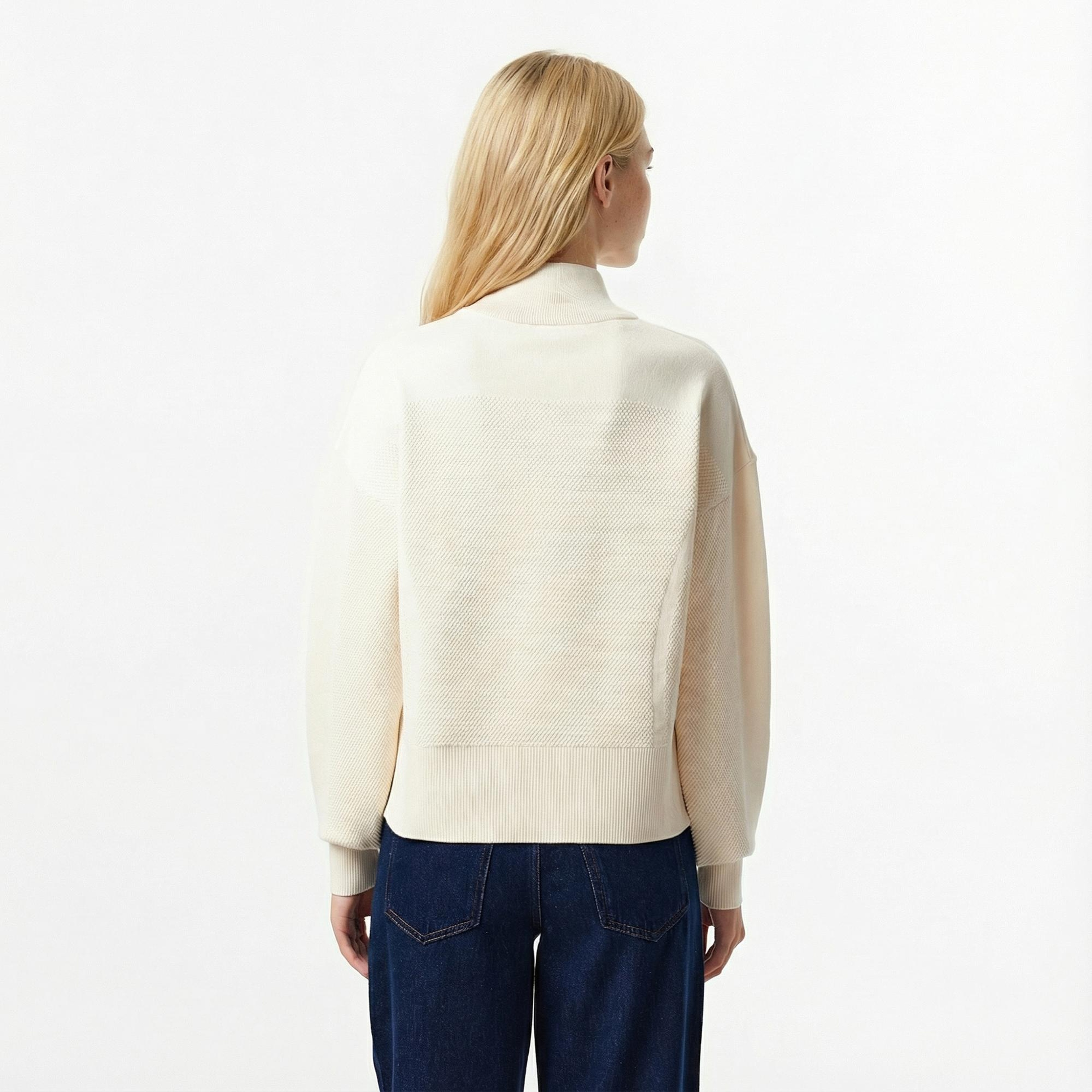 Lacoste Kadın Relaxed Fit Yarım Fermuarlı Krem Kazak