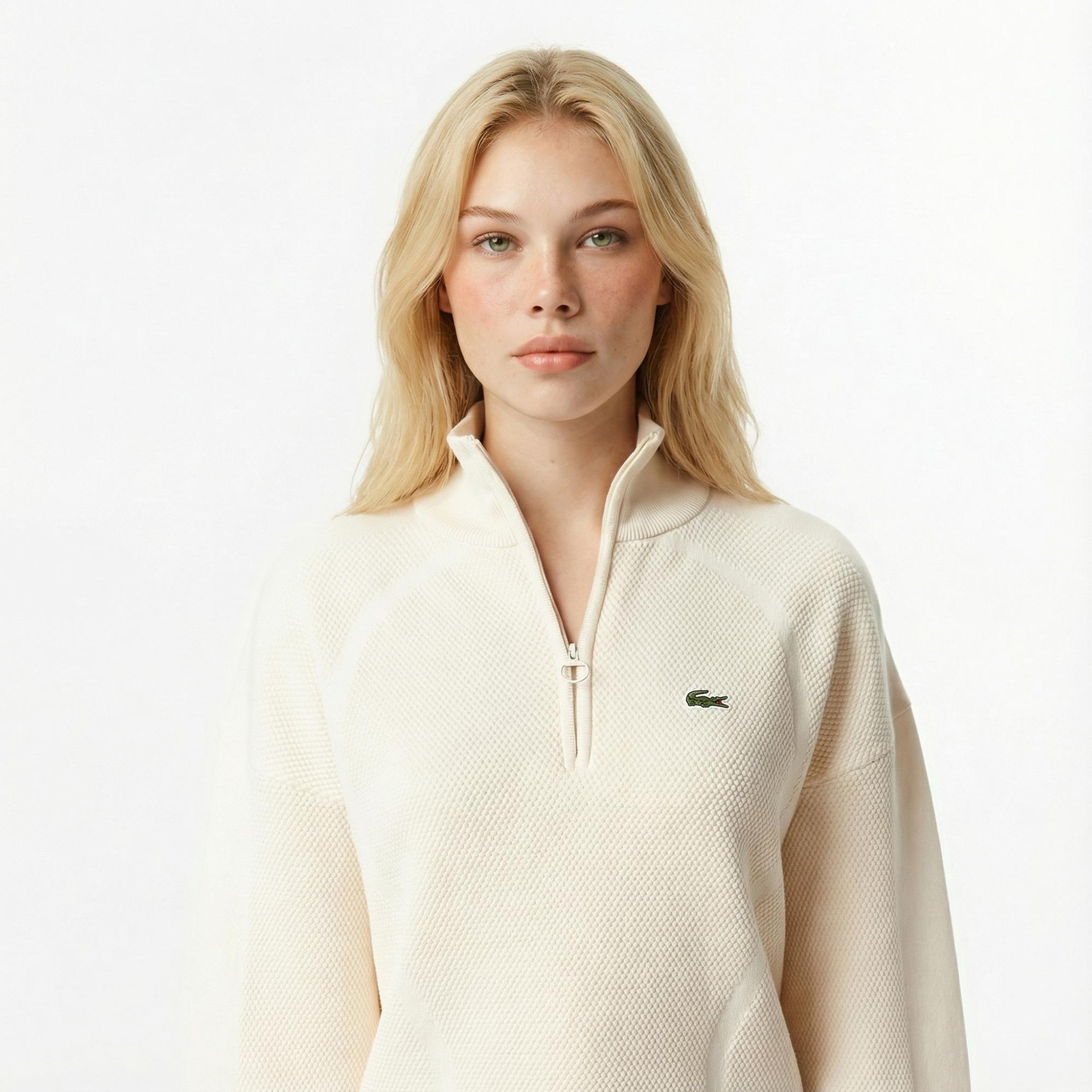 Lacoste Kadın Relaxed Fit Yarım Fermuarlı Krem Kazak