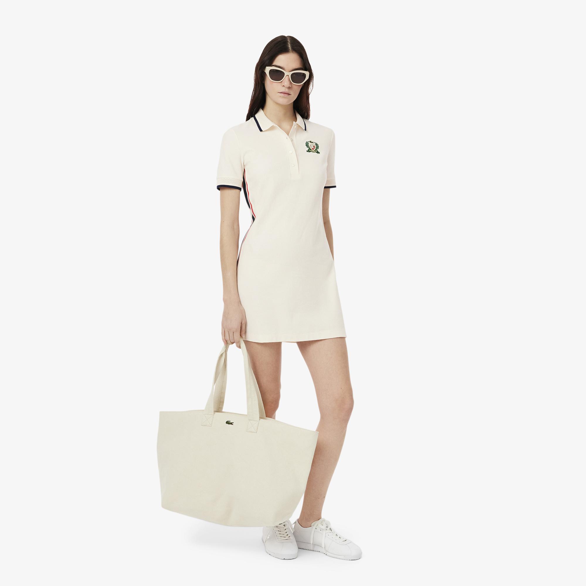 Lacoste Kadın Slim Fit Kısa Kollu Polo Yaka Renk Bloklu Krem Elbise