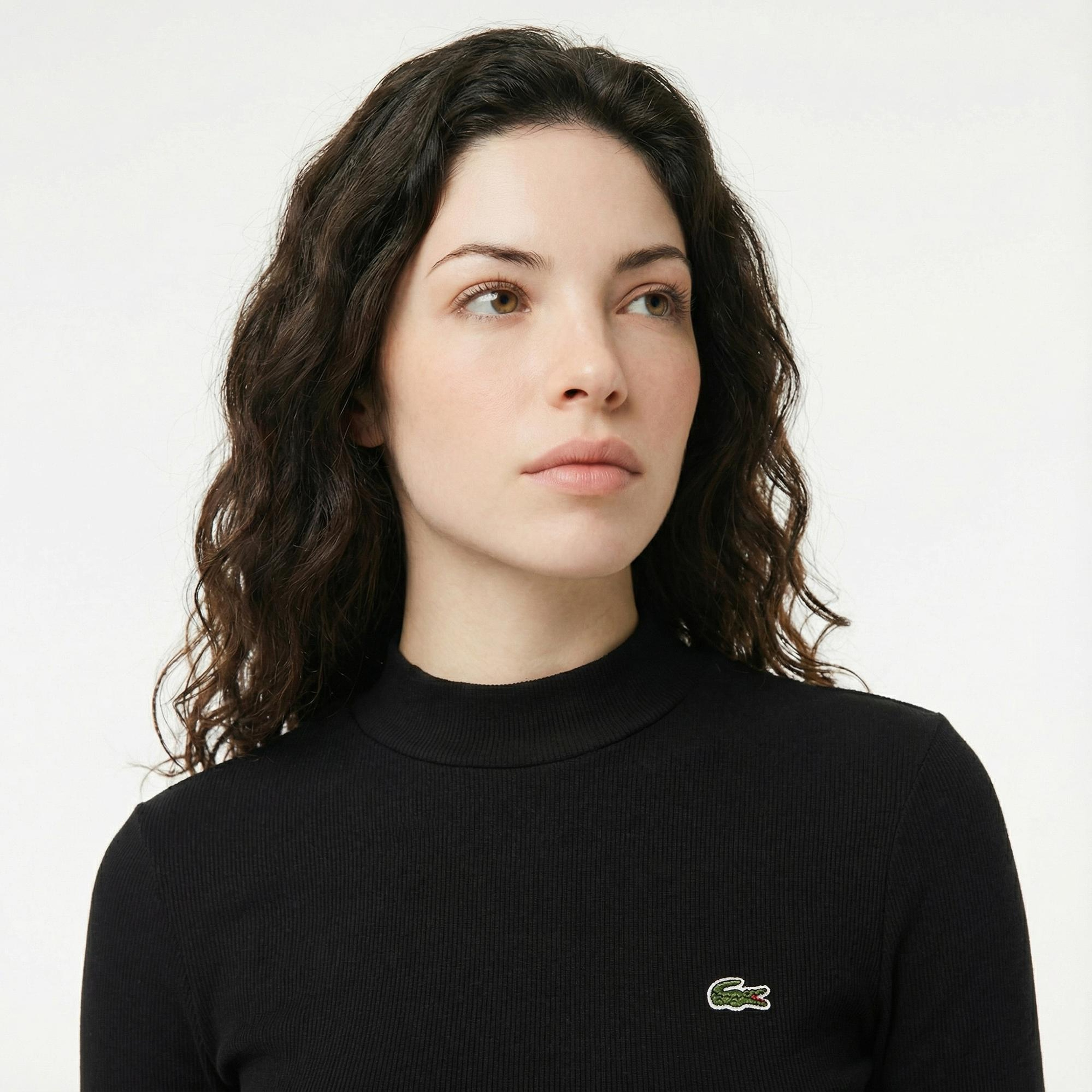 Lacoste Kadın Slim Fit Uzun Kollu Bisiklet Yaka Siyah T-Shirt