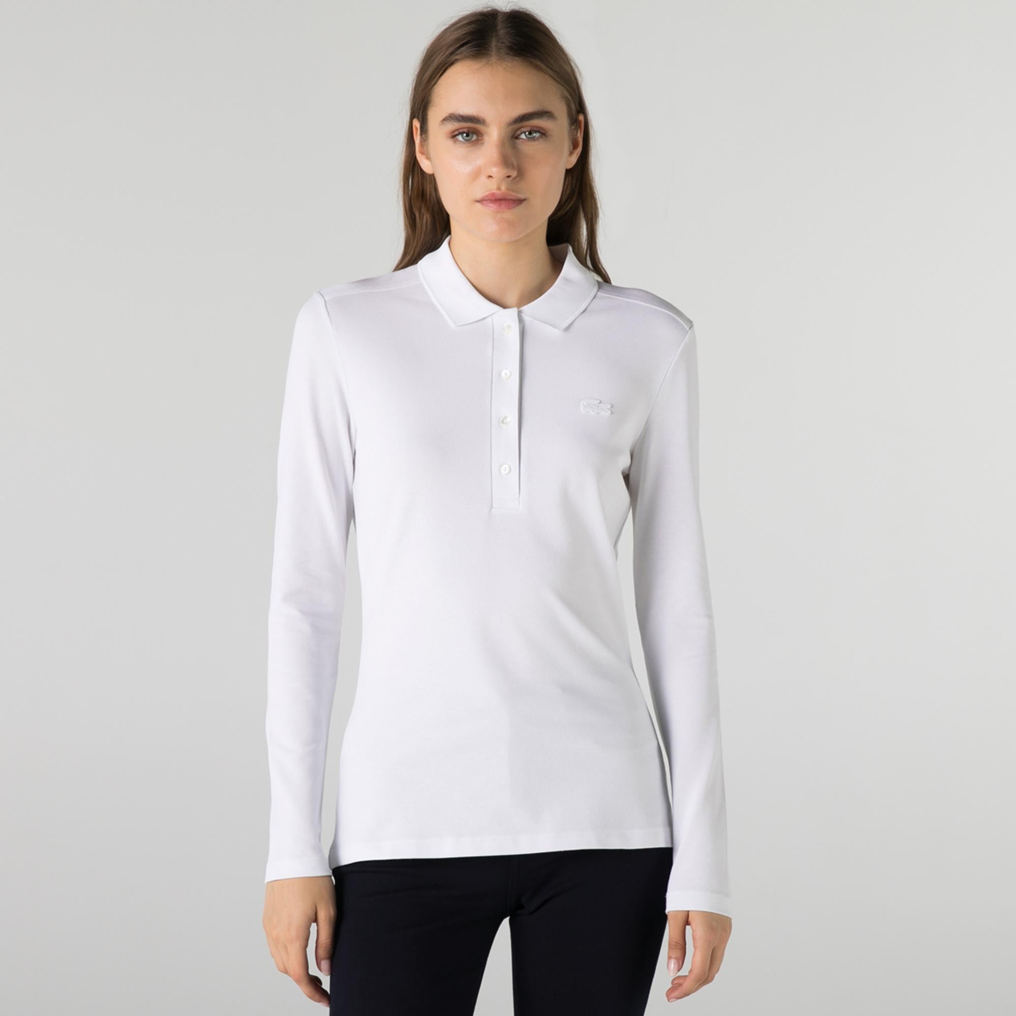 Lacoste Kadın Slim Fit Uzun Kollu Beyaz Polo