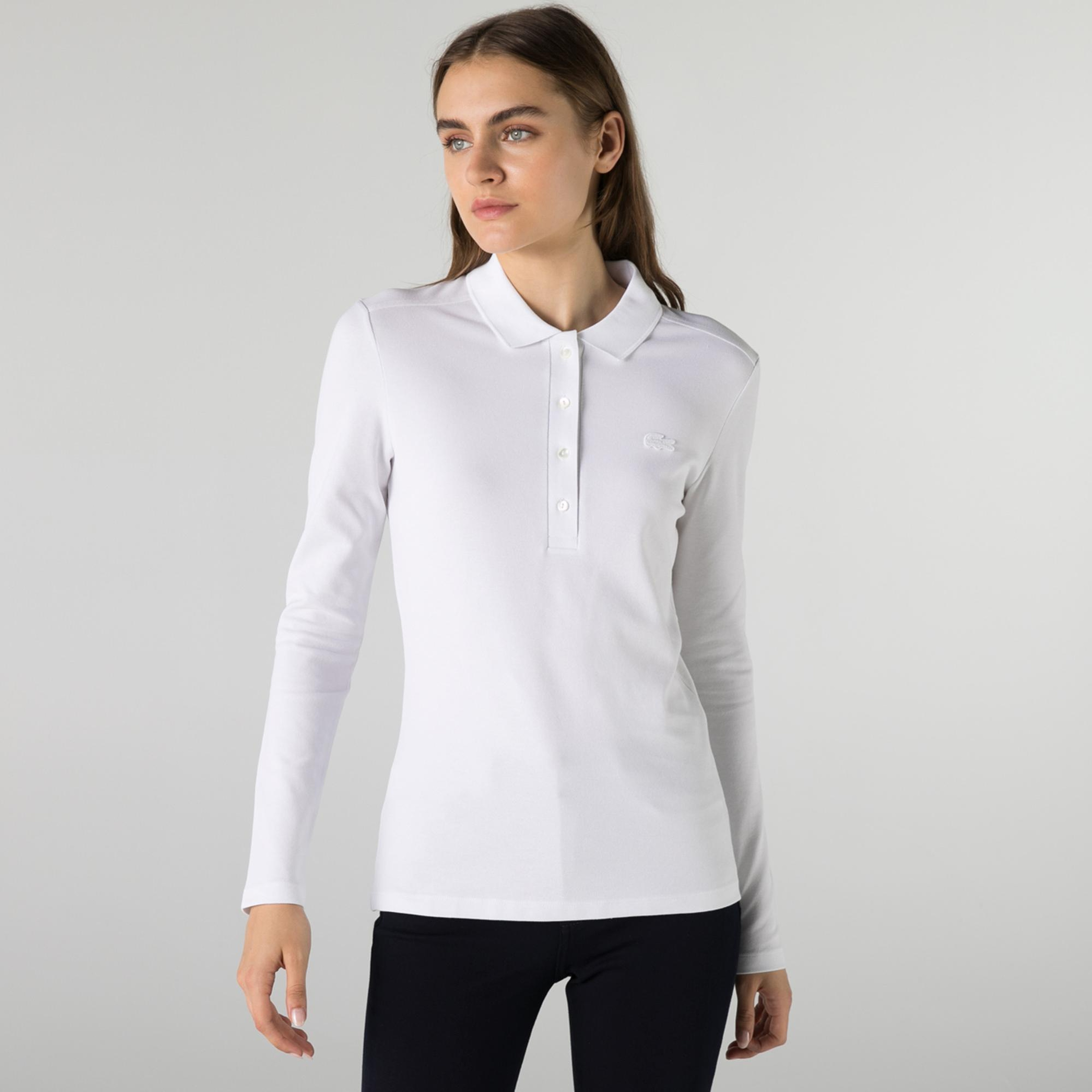 Lacoste Kadın Slim Fit Uzun Kollu Beyaz Polo