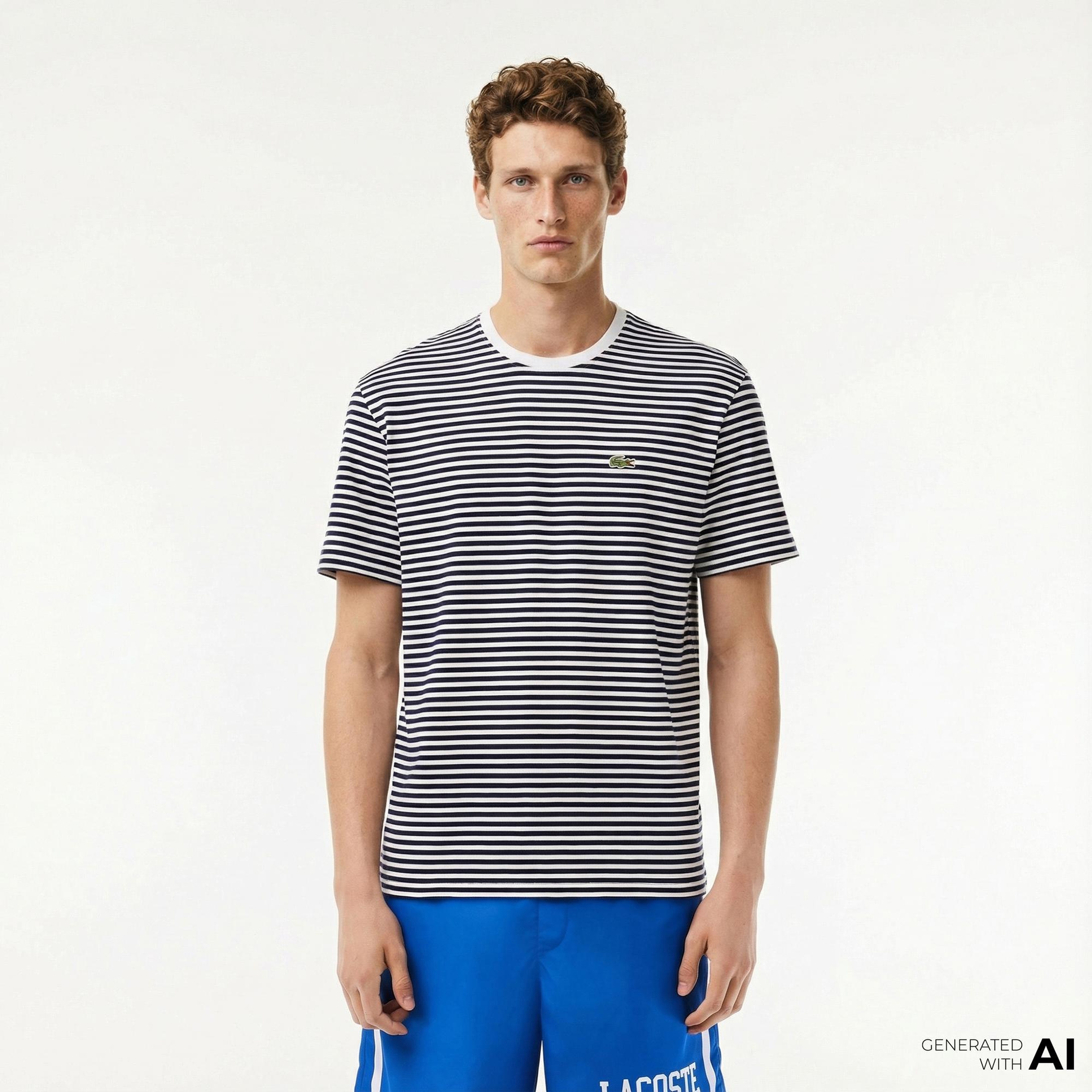 Lacoste Erkek Classic Fit Bisiklet Yaka Çizgili Beyaz T-Shirt