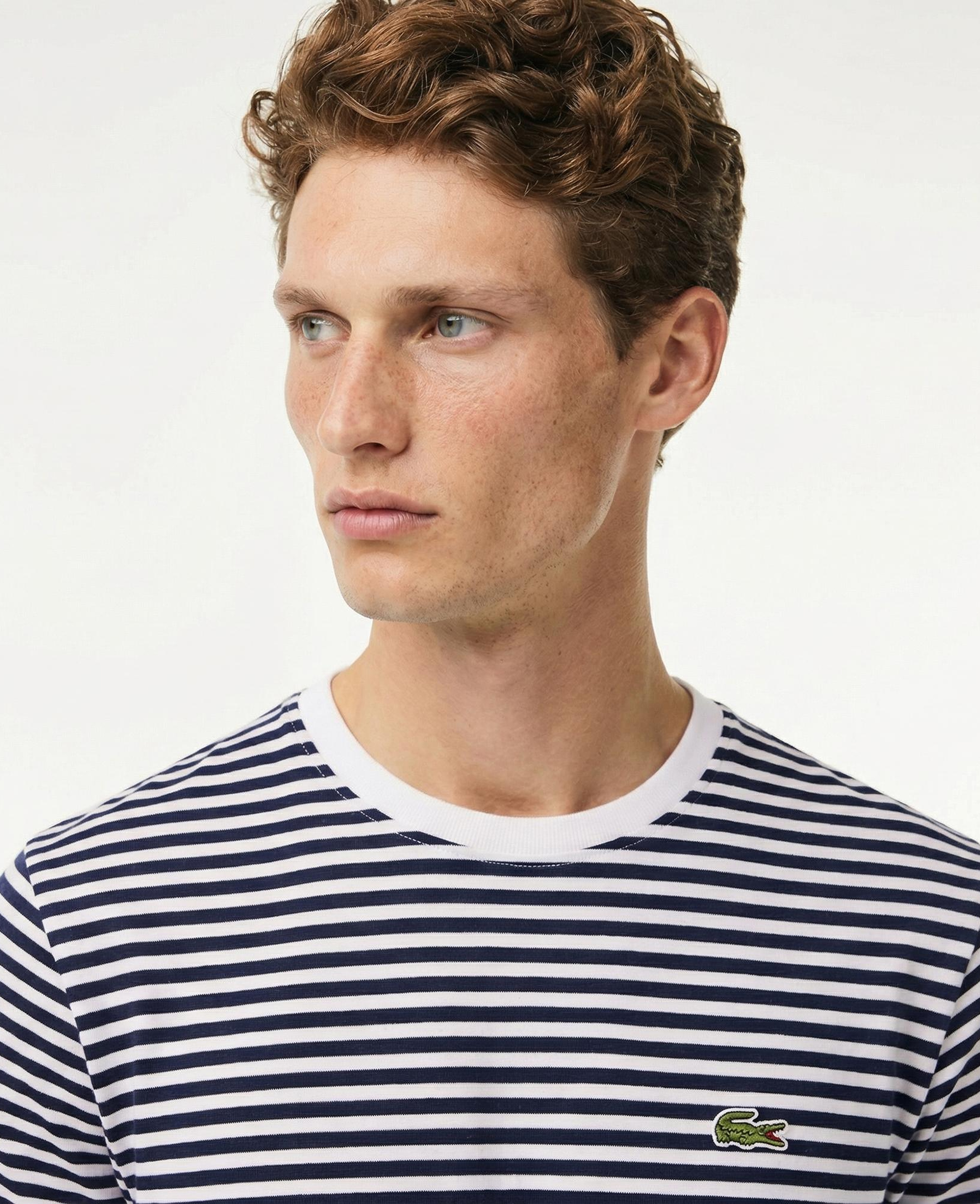 Lacoste Erkek Classic Fit Bisiklet Yaka Çizgili Beyaz T-Shirt