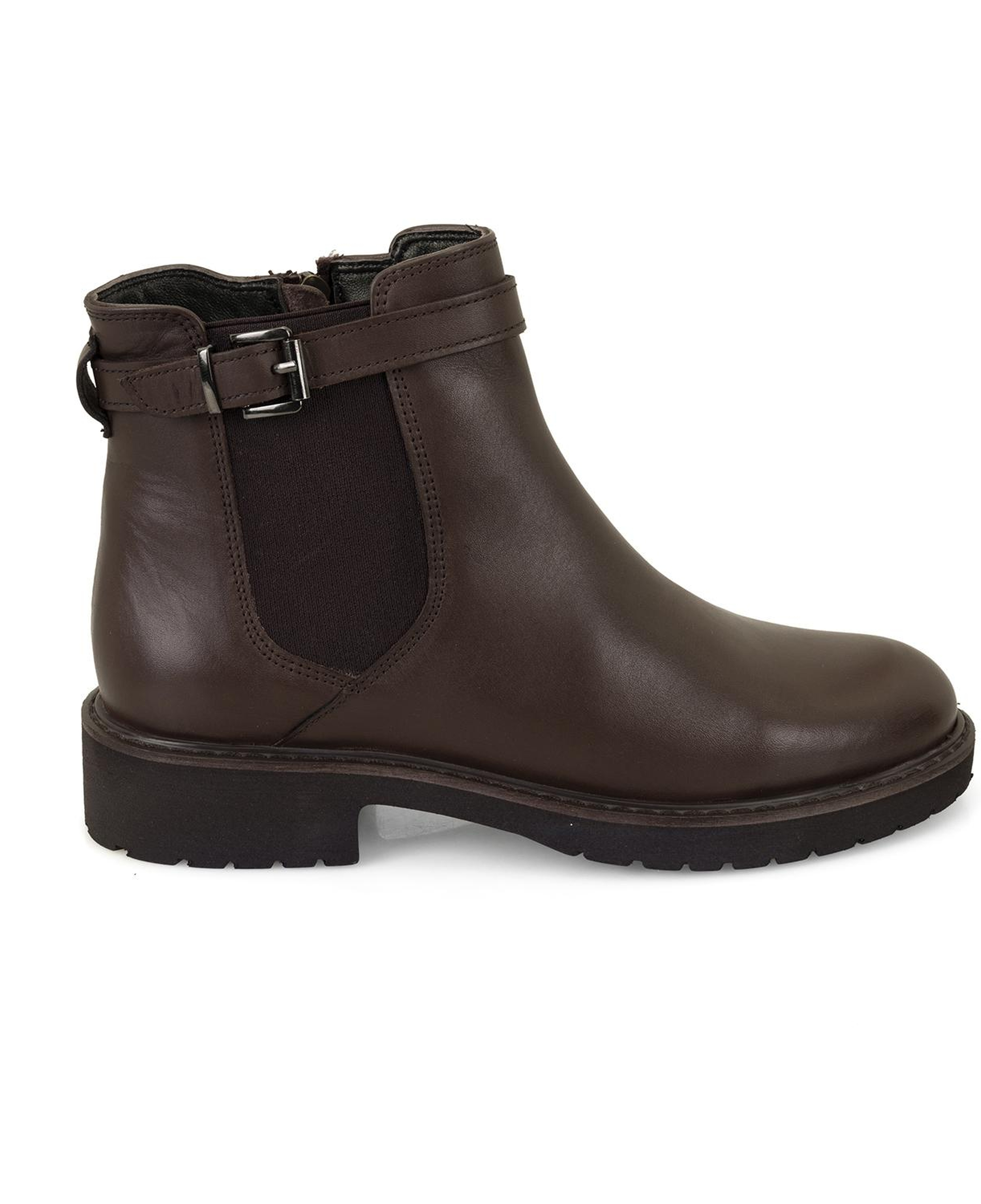 Kadın Kemer Aksesuarlı Kahve Lastikli Deri Chelsea Bot