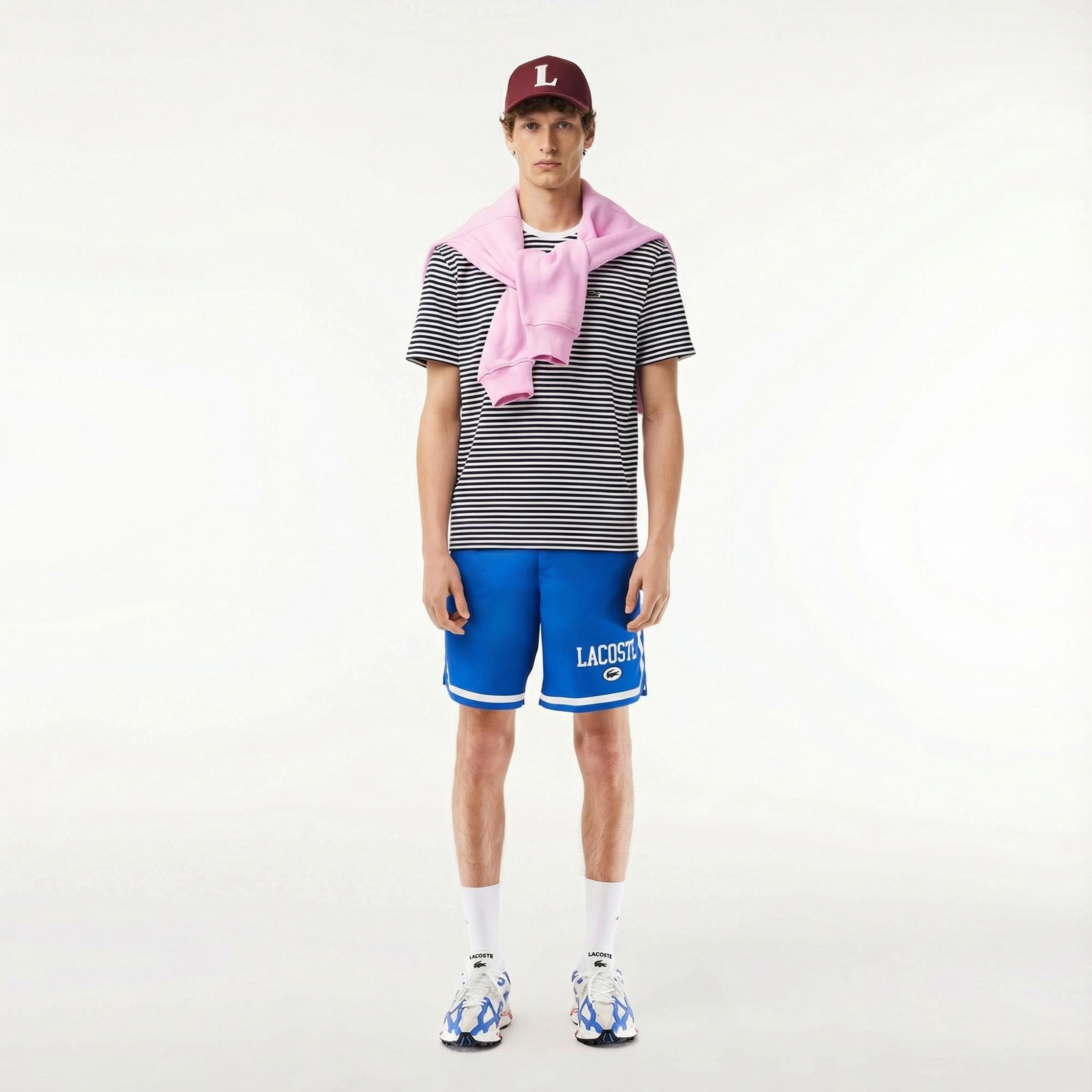 Lacoste Erkek Classic Fit Bisiklet Yaka Çizgili Beyaz T-Shirt