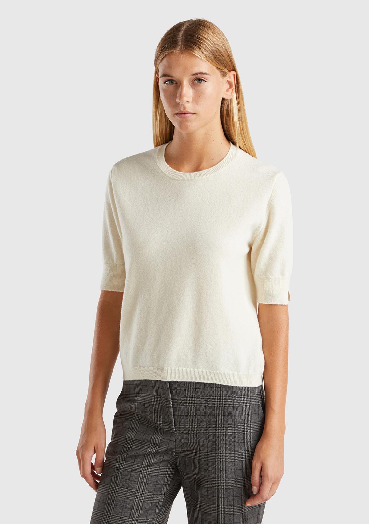 Kadın Krem %100 Merino Bisiklet Yaka  Kısa Kollu Kazak