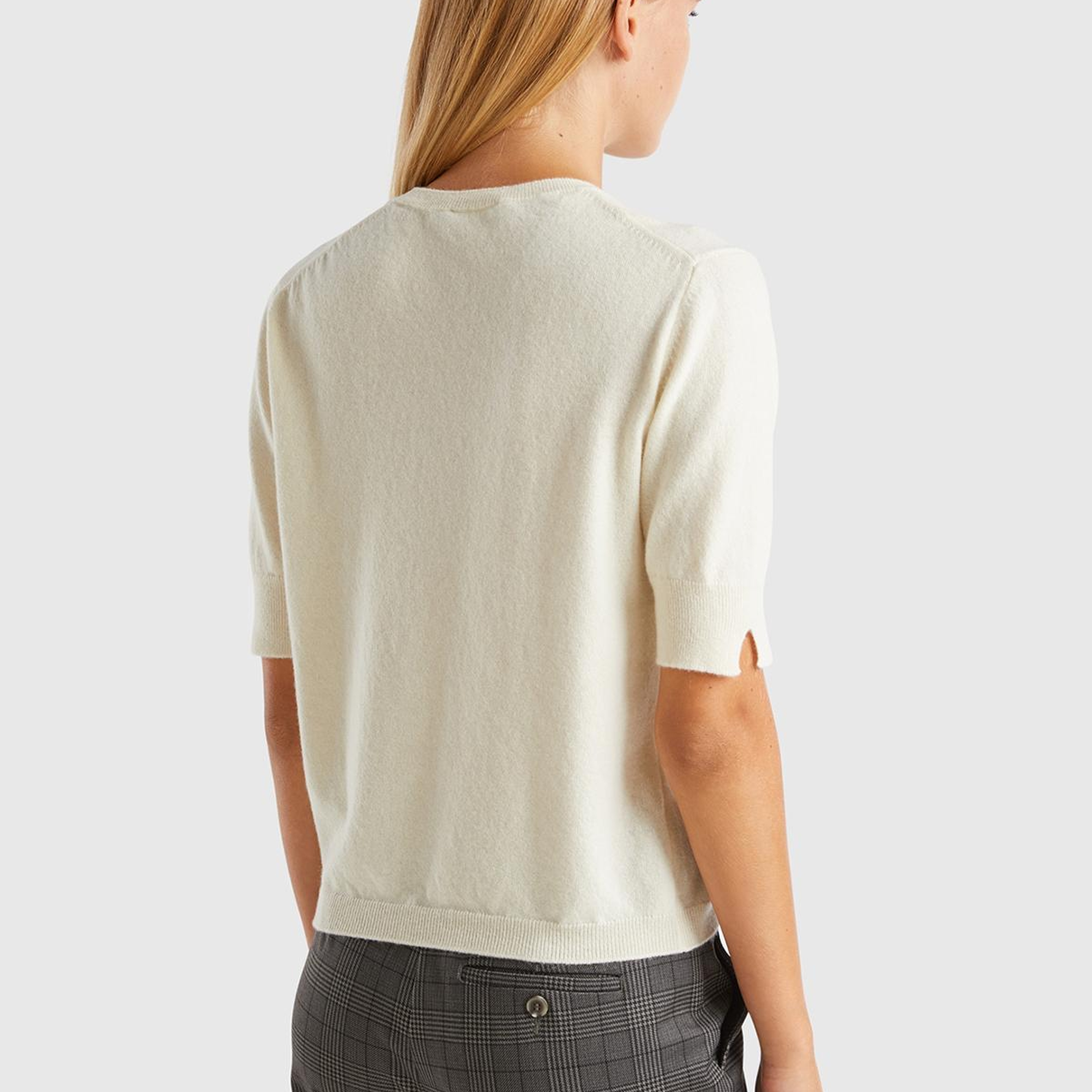Kadın Krem %100 Merino Bisiklet Yaka  Kısa Kollu Kazak
