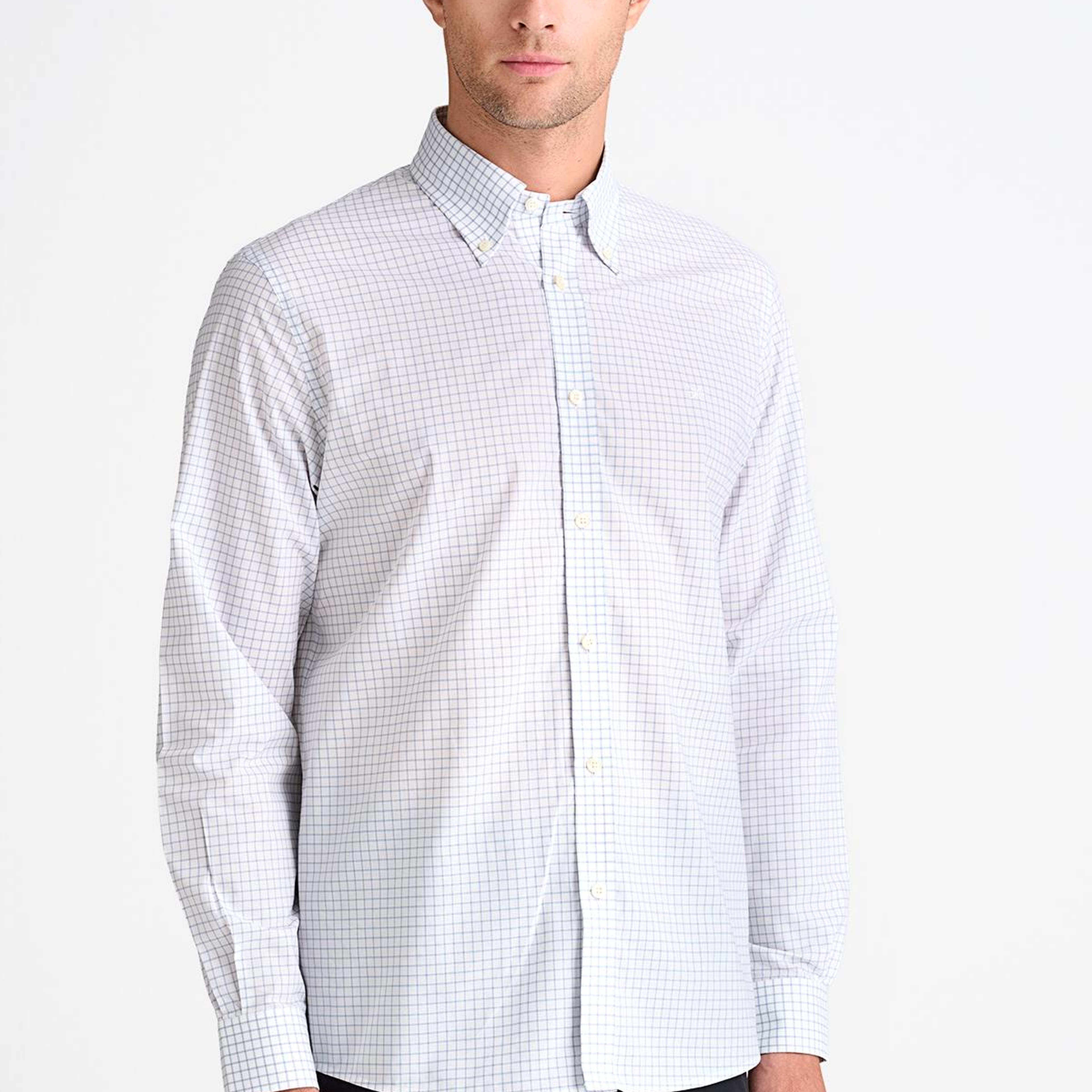 Erkek Gri Cooper Fit Düğmeli Yaka Pötikare Desenli Spor Gömlek