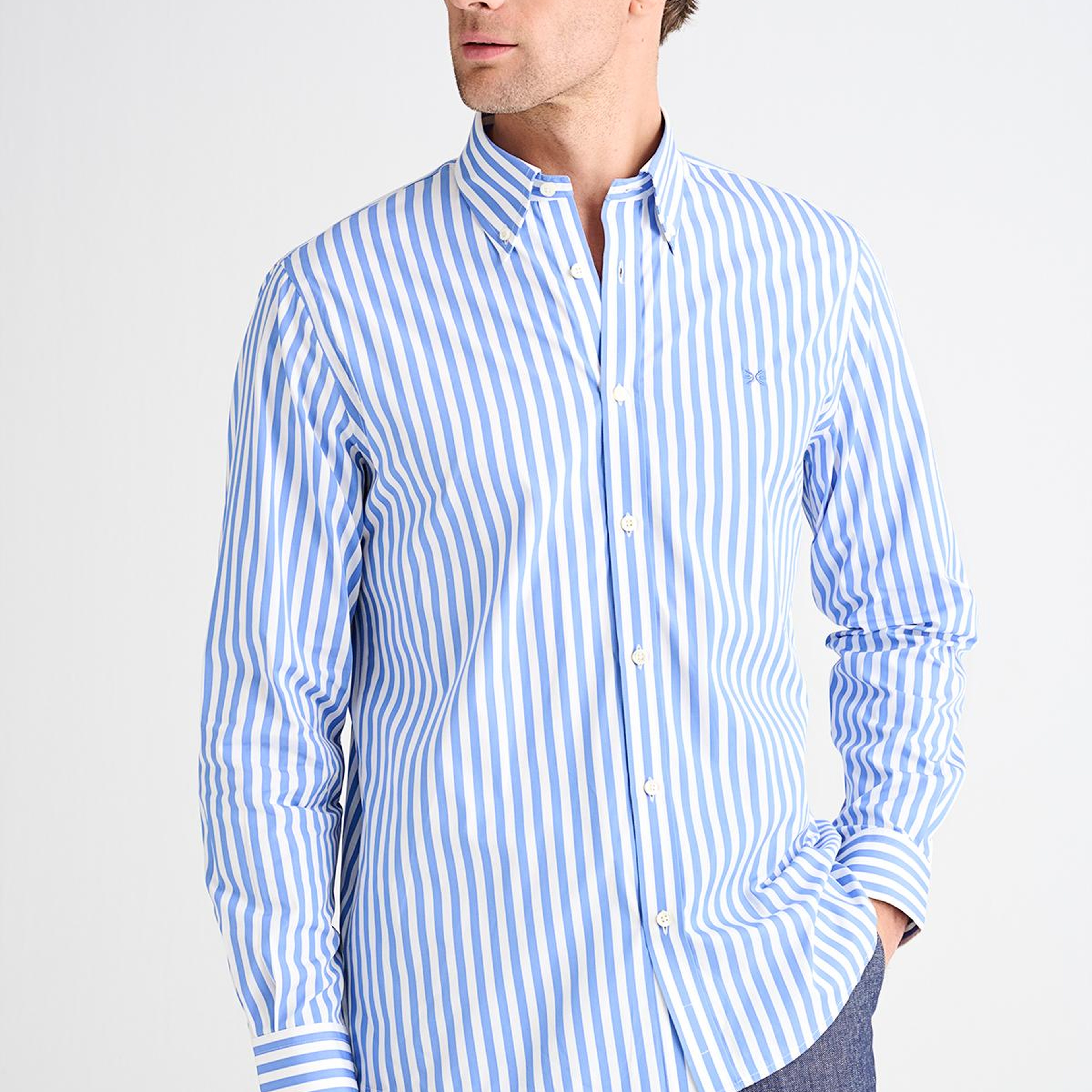 Erkek Mavi Cooper Fit Düğmeli Yaka Çizgili Spor Gömlek