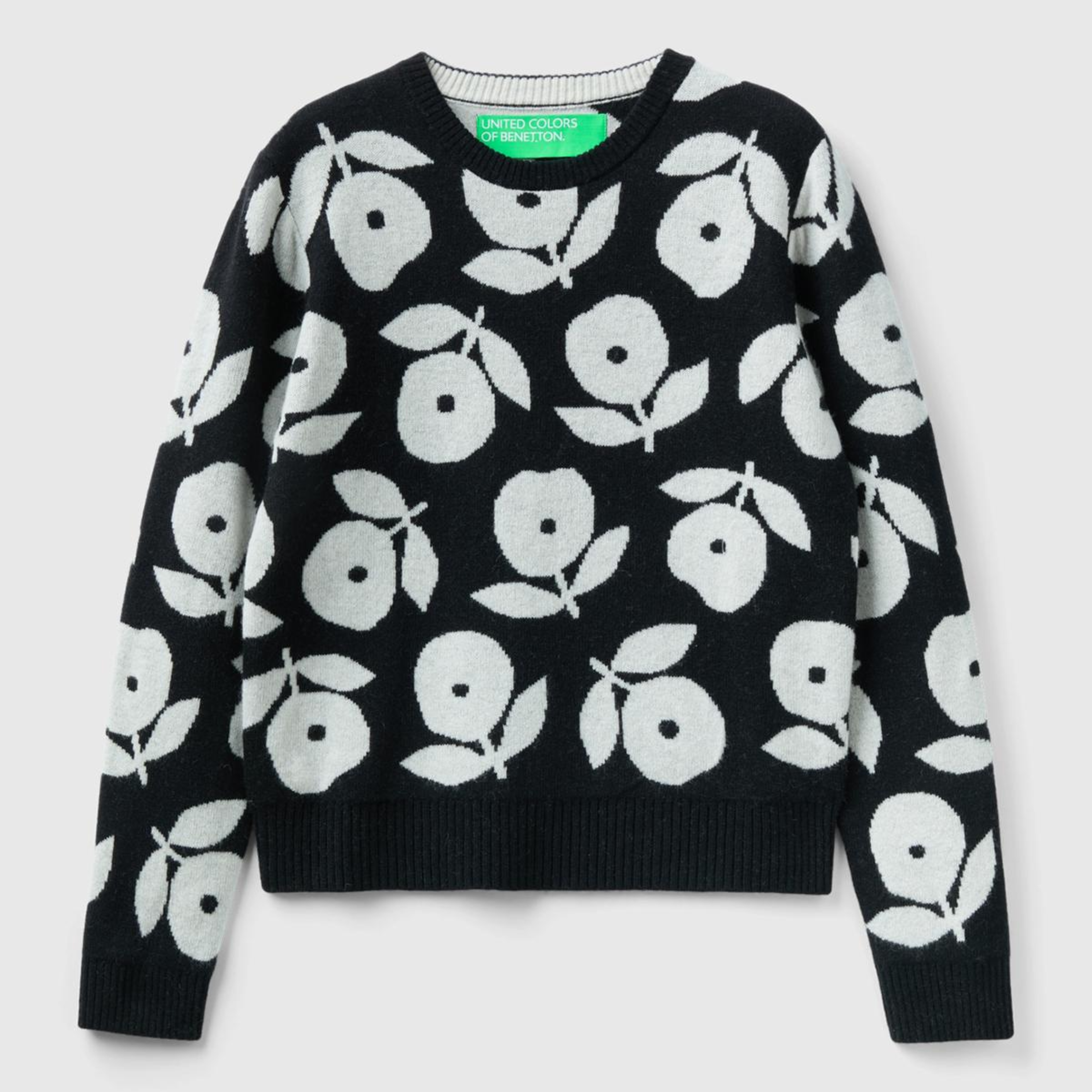 Kadın Siyah Yün Karışımlı Çiçek Desenli Kazak