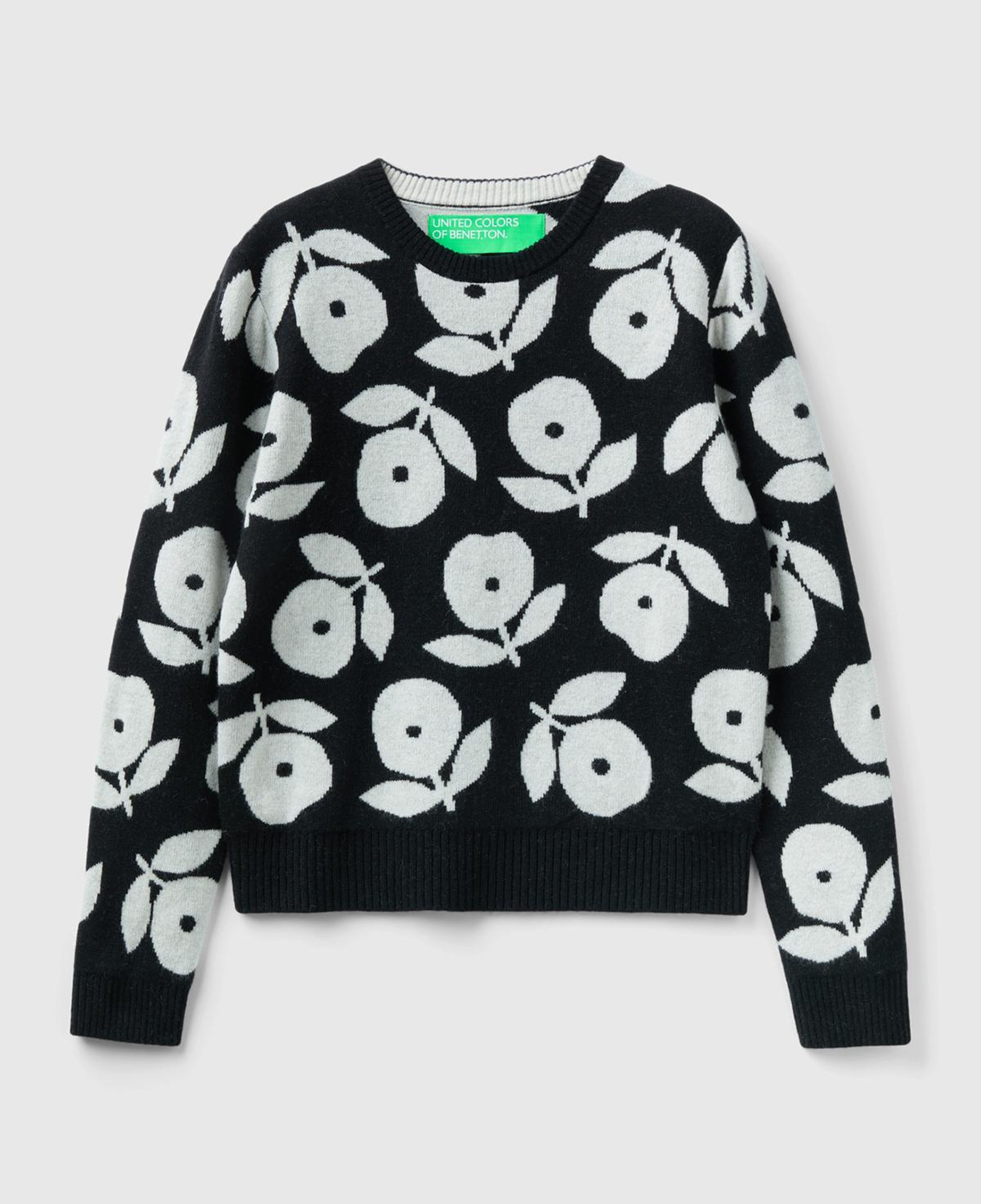 Kadın Siyah Yün Karışımlı Çiçek Desenli Kazak