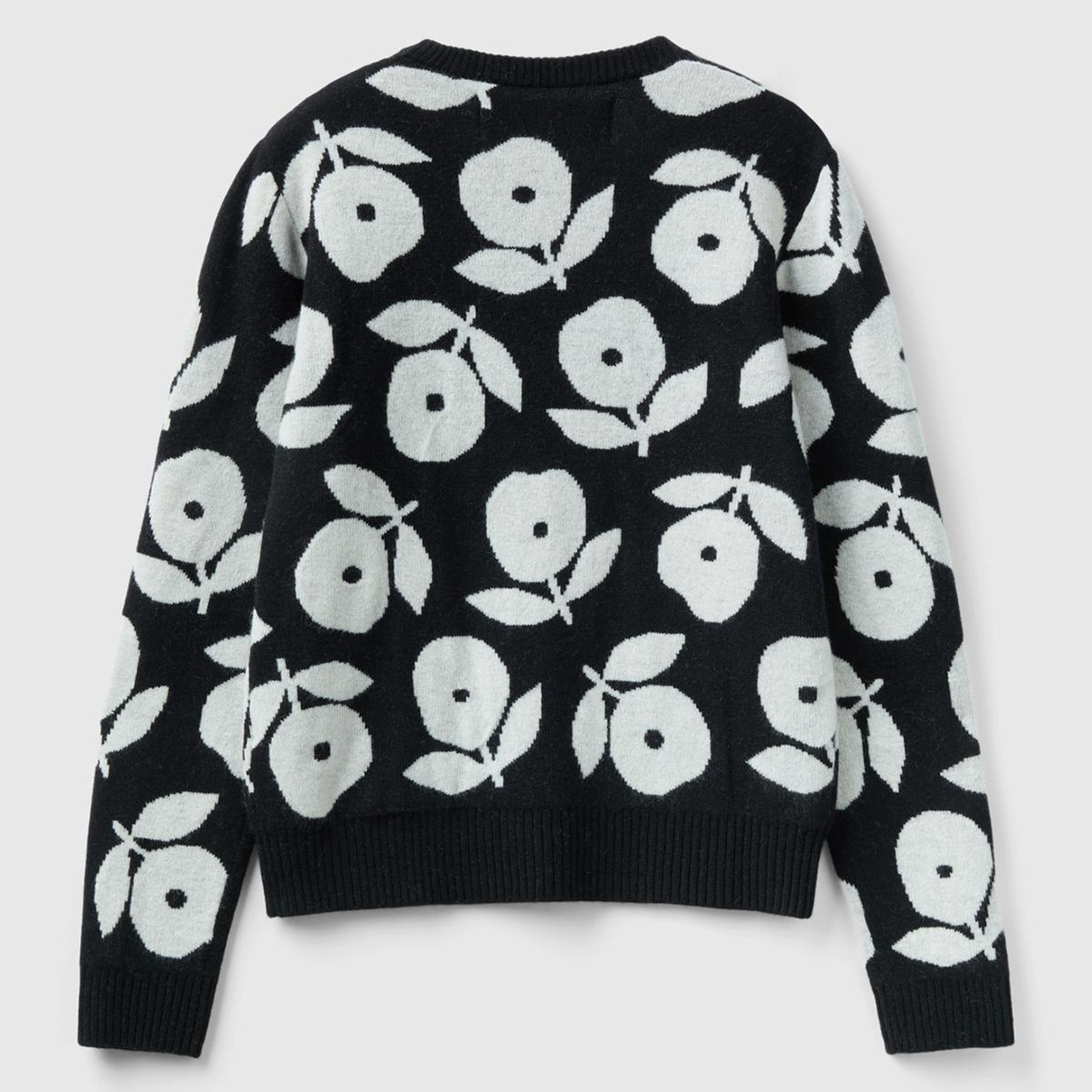 Kadın Siyah Yün Karışımlı Çiçek Desenli Kazak