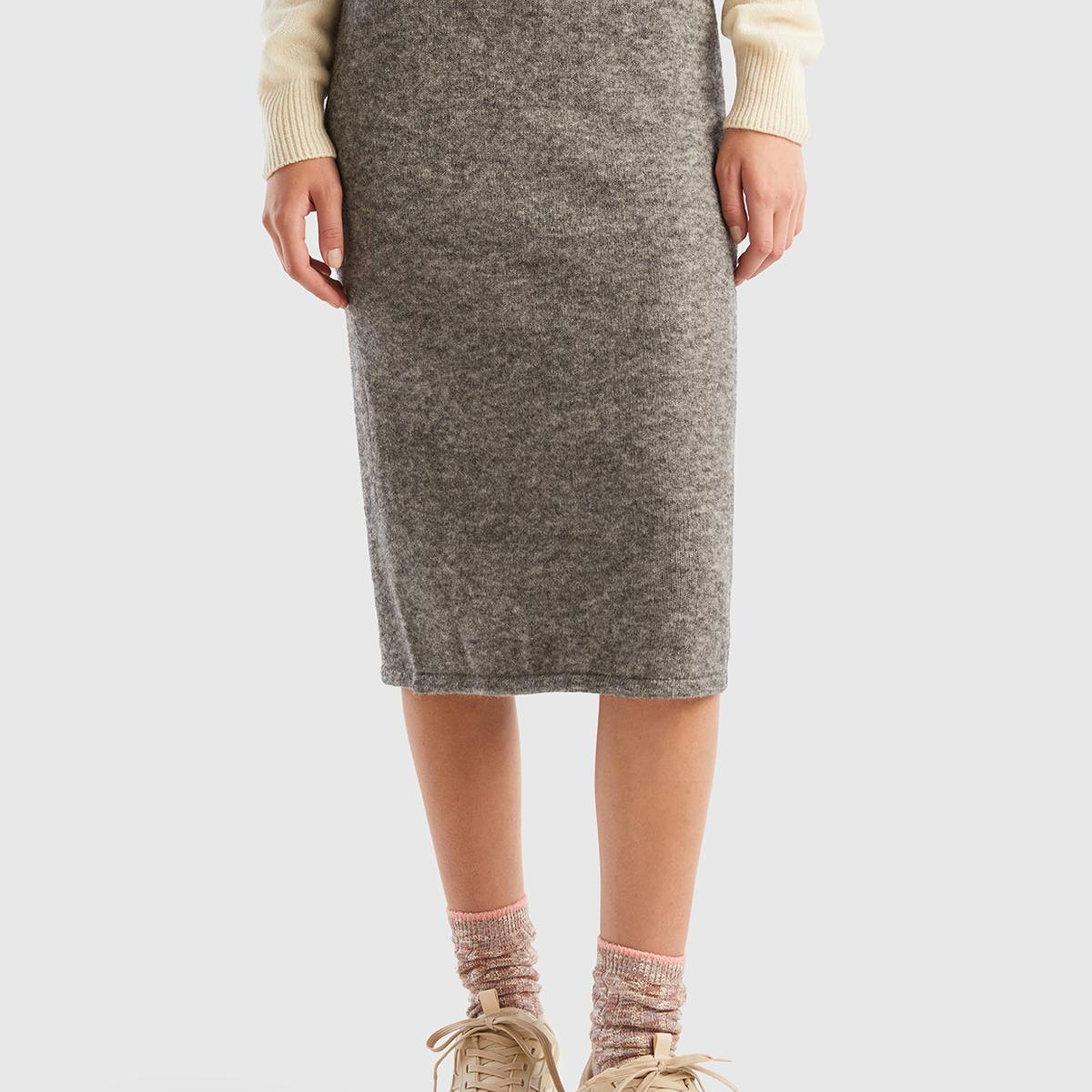 Kadın Antrasit Melanj Logolu Midi Boy Triko Etek