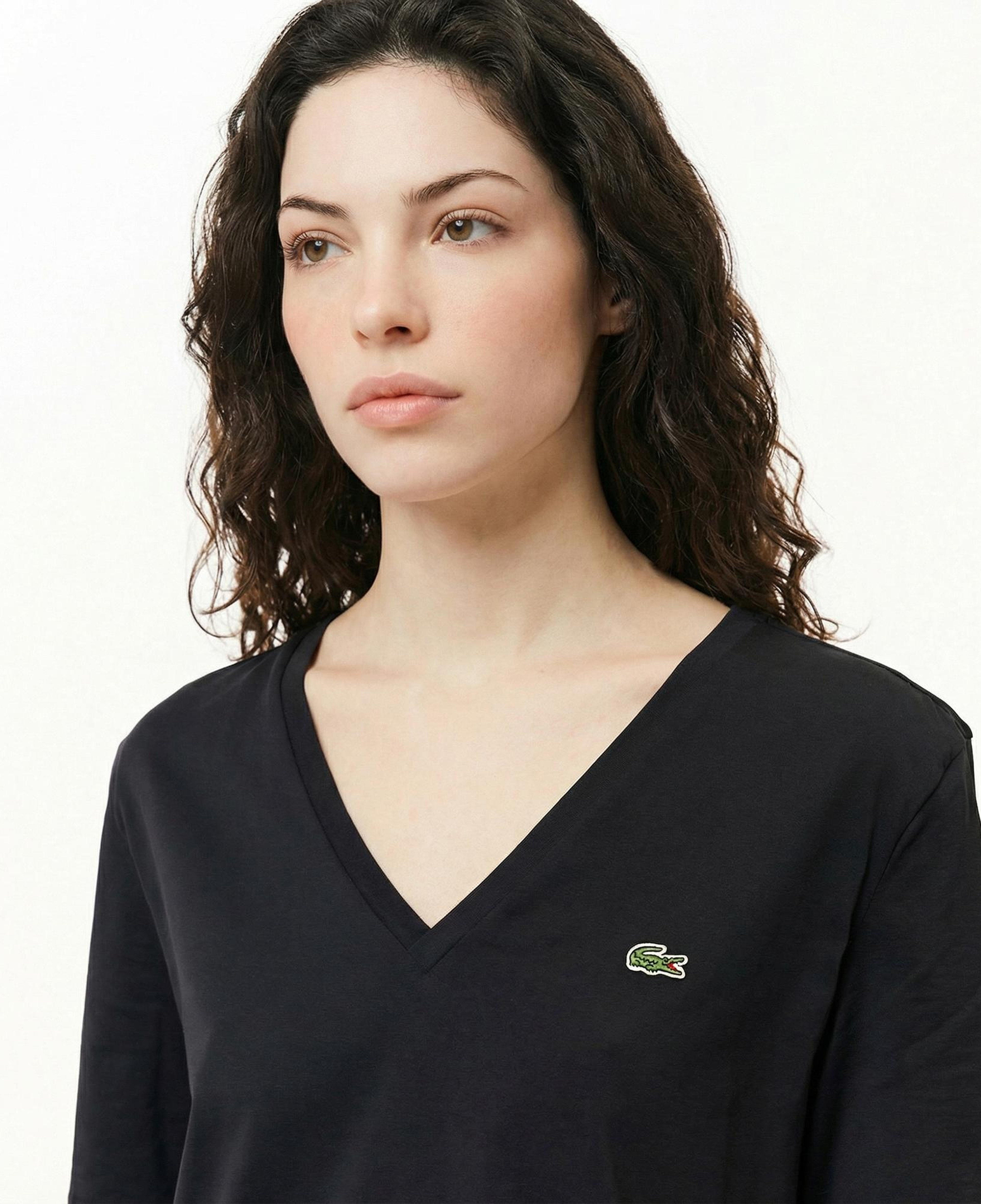 Lacoste Kadın Relaxed Fit V Yaka Siyah T-Shirt