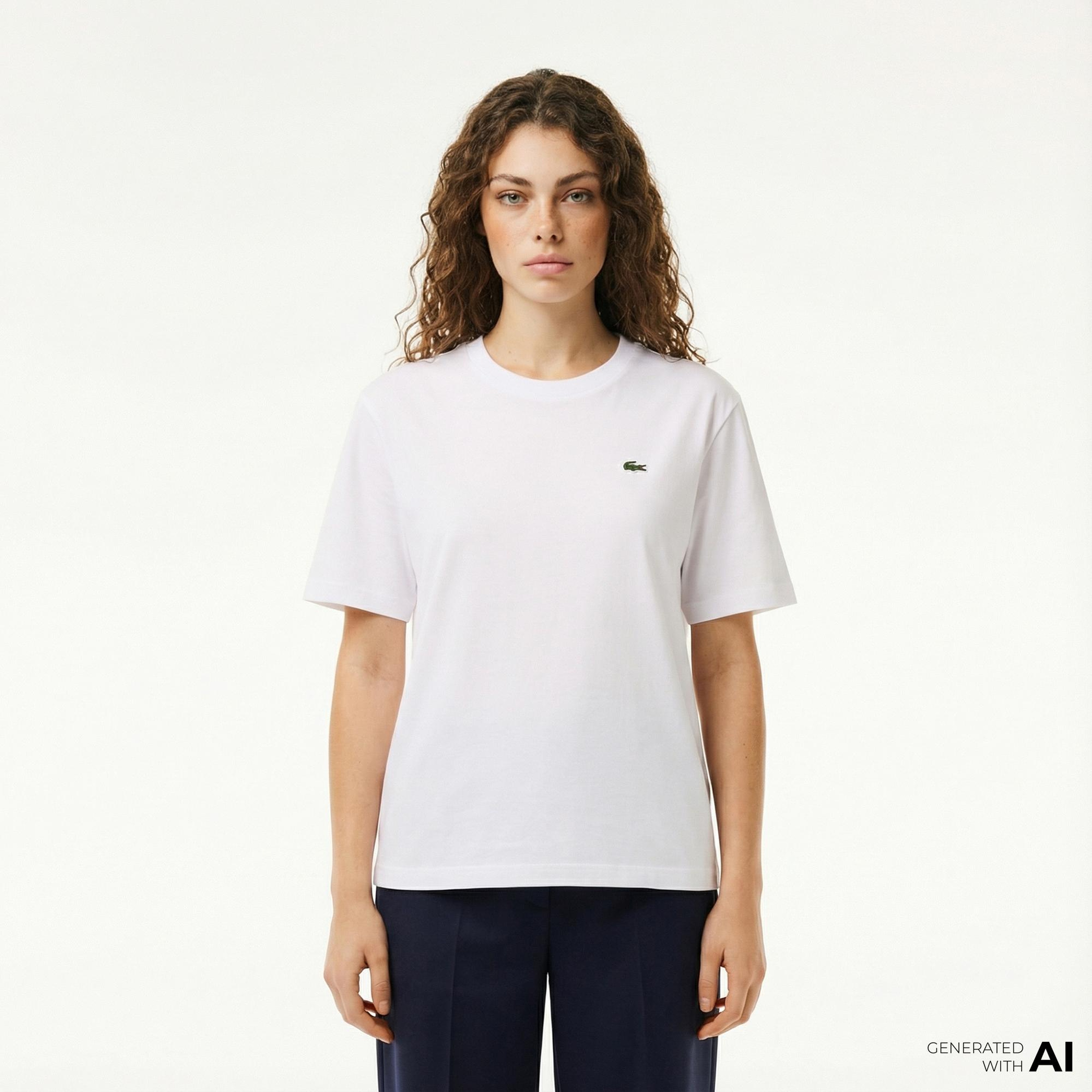 Lacoste Kadın Relaxed Fit Bisiklet Yaka Beyaz T-Shirt