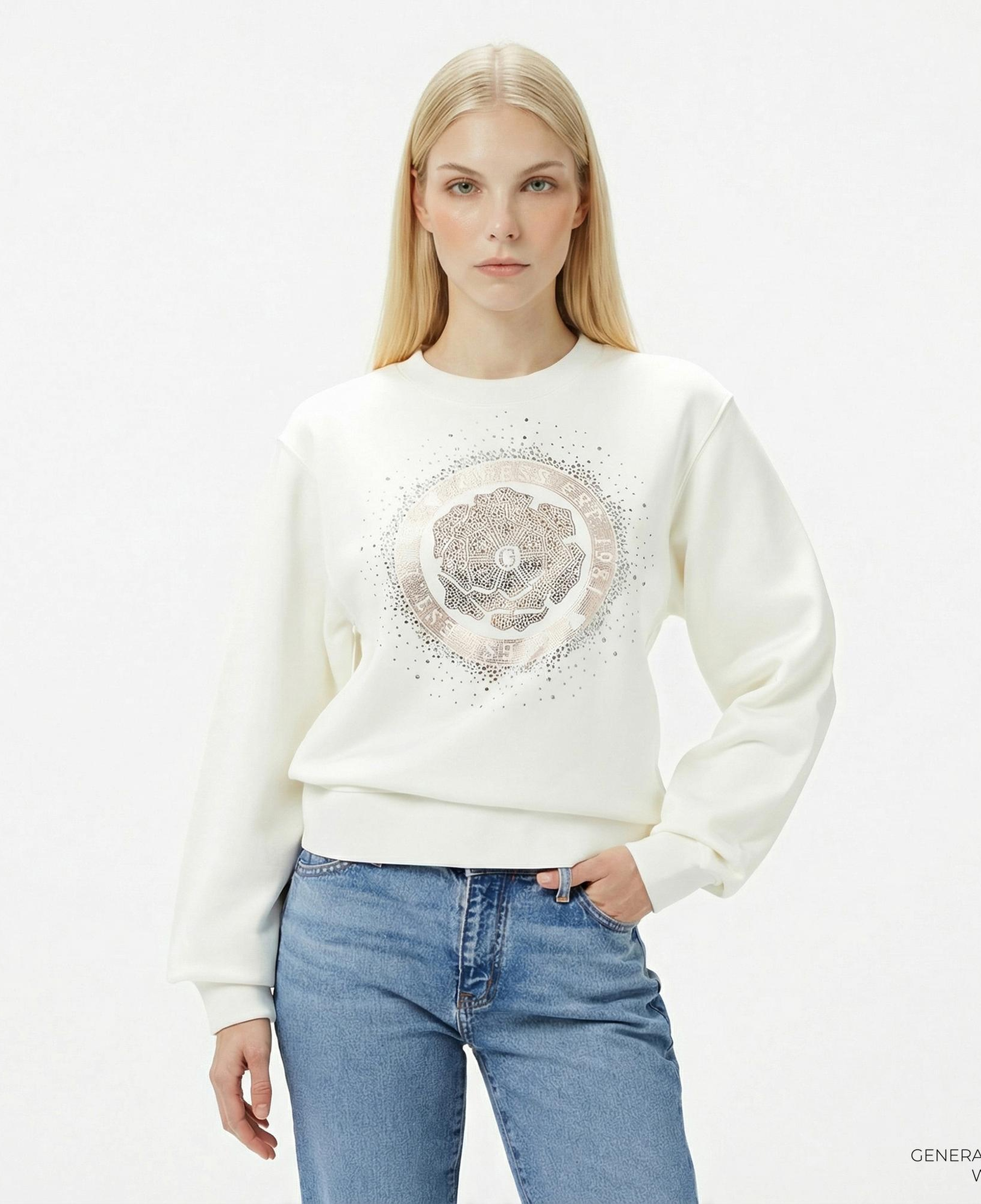 Guess Peony Logo Organic Kadın Beyaz Sweatshirt