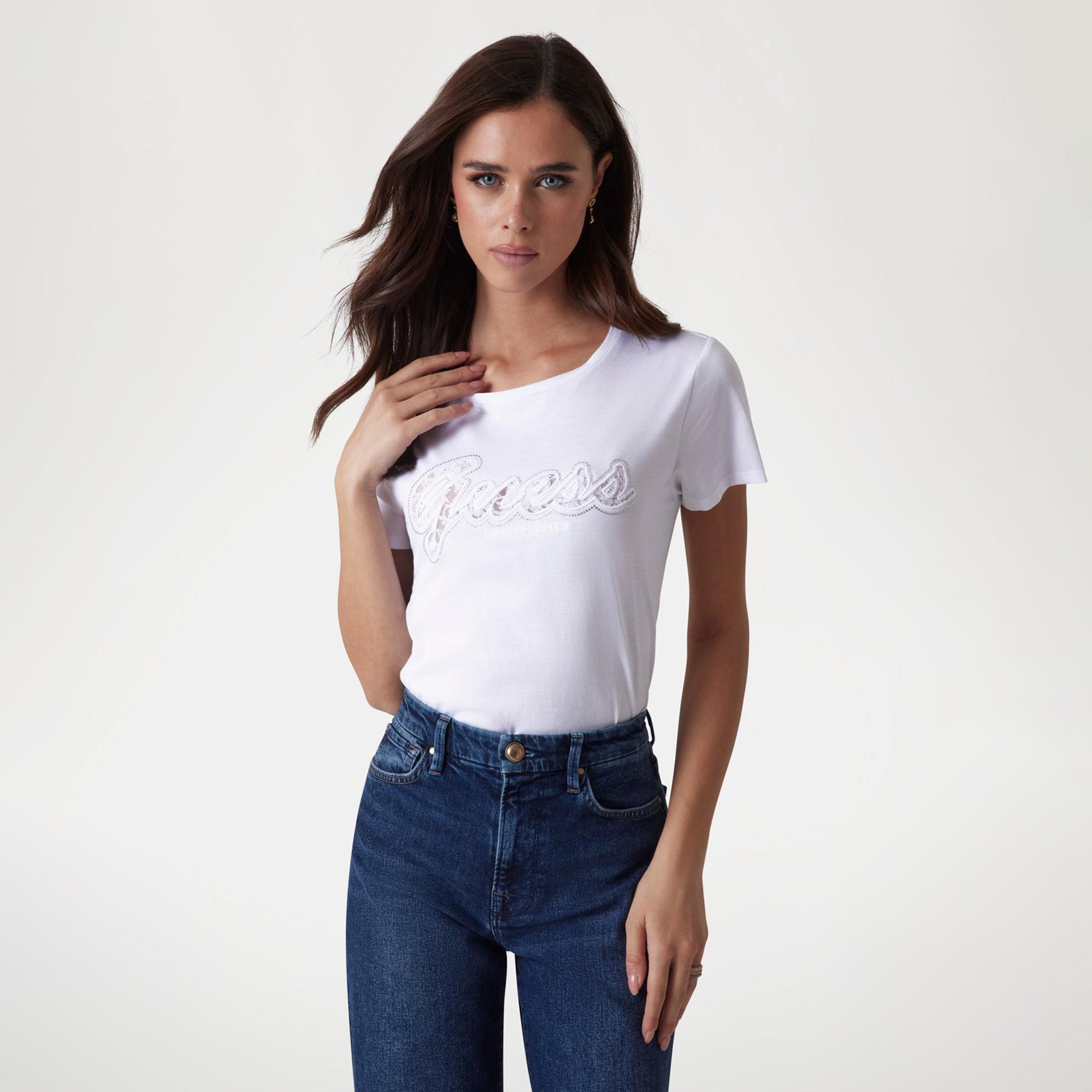 Guess Script Lace Logo Kadın Beyaz T-Shirt