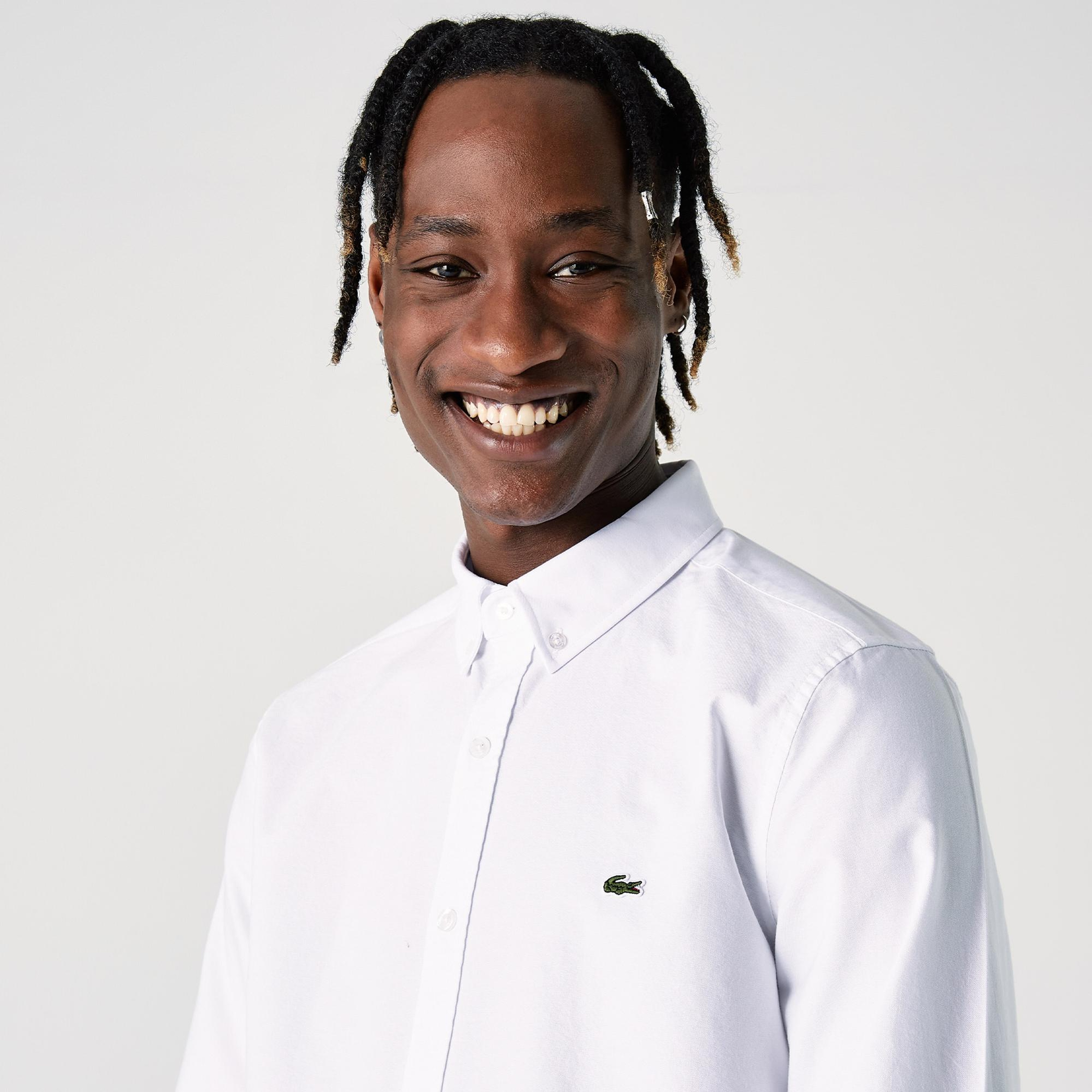 Erkek Slim Fit Düğmeli Yaka Beyaz Gömlek