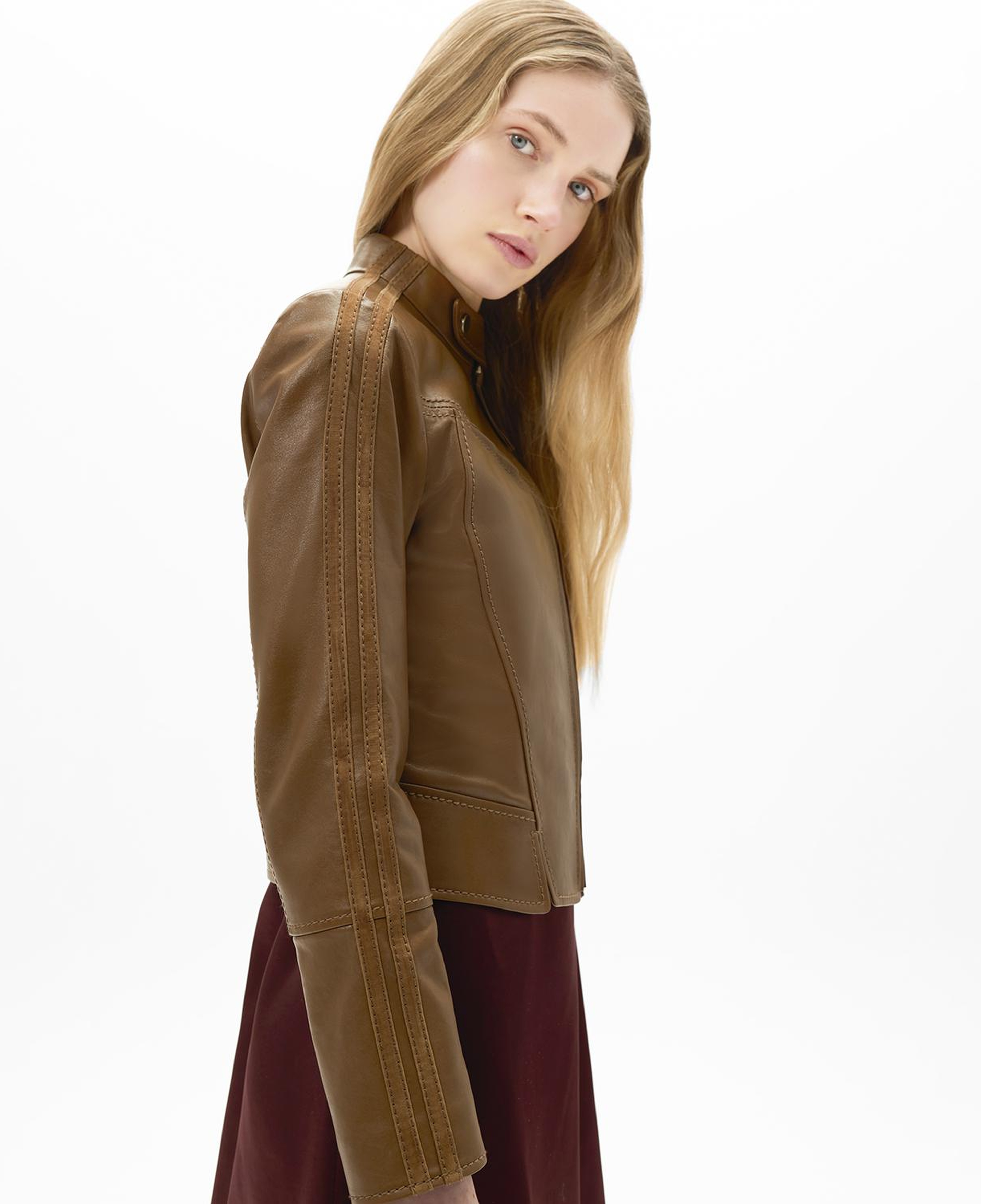 Kadın Taba Deri Biker Ceket