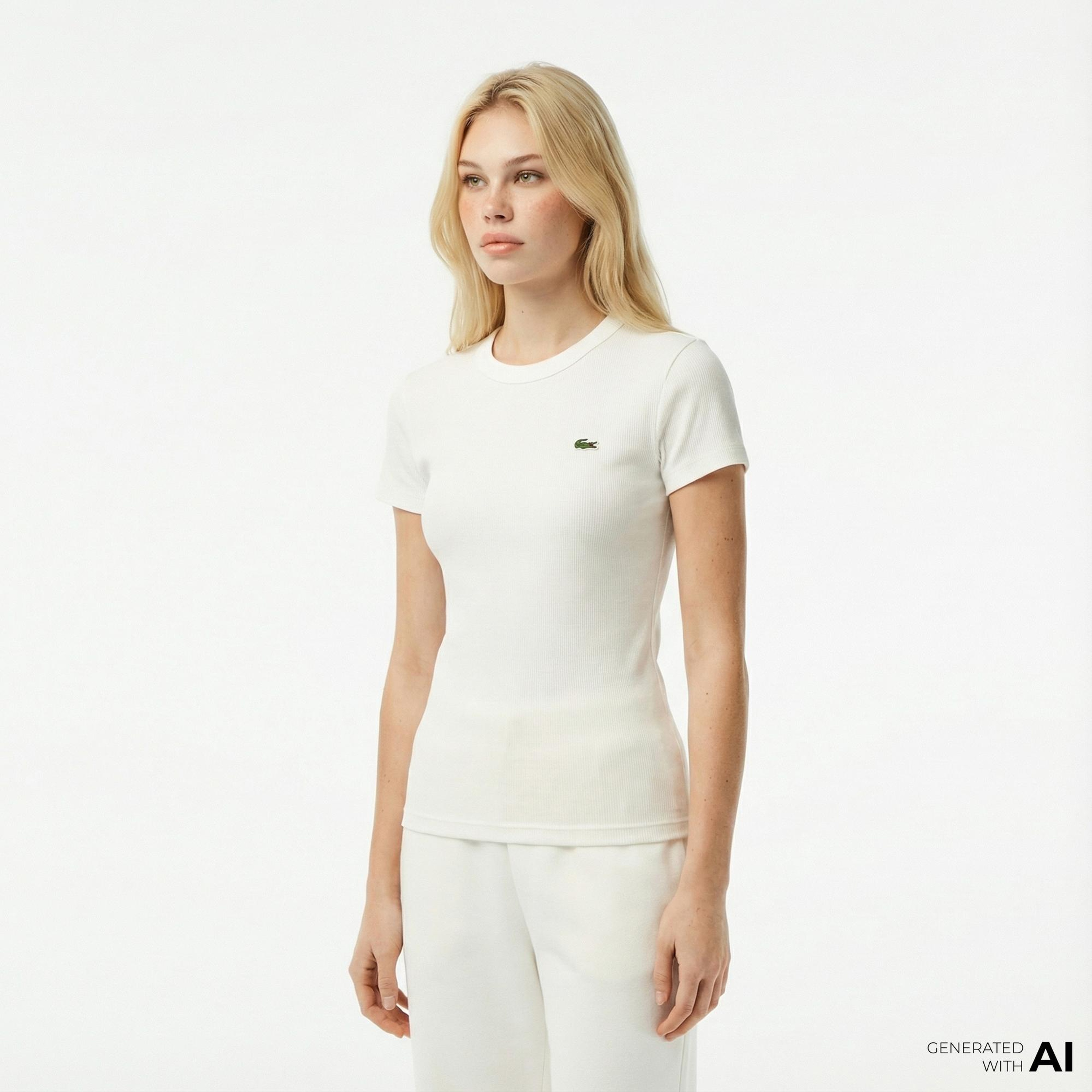 Lacoste Kadın Slim Fit Bisiklet Yaka Beyaz T-Shirt