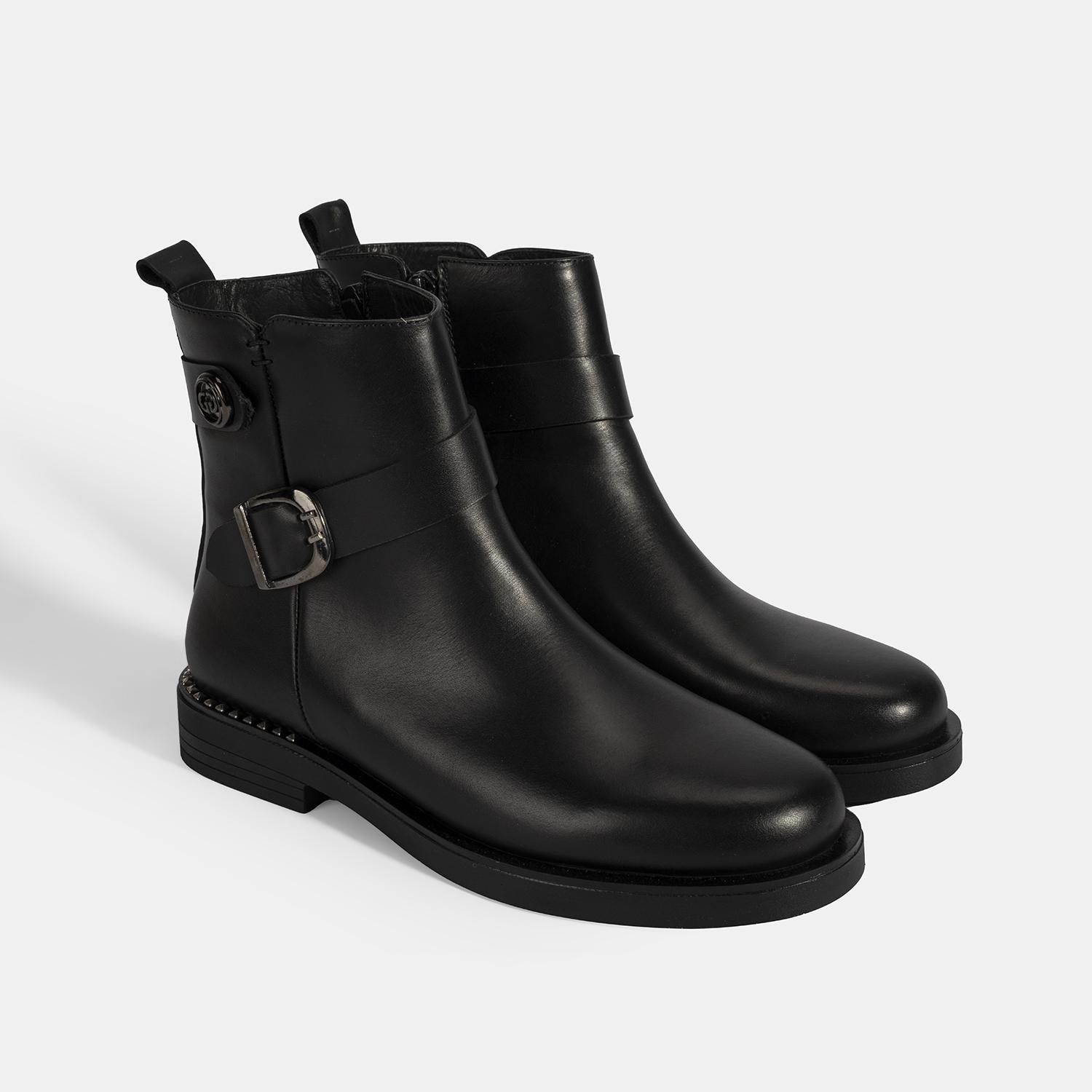 Kadın Siyah Metal Toka Detaylı Deri Bot