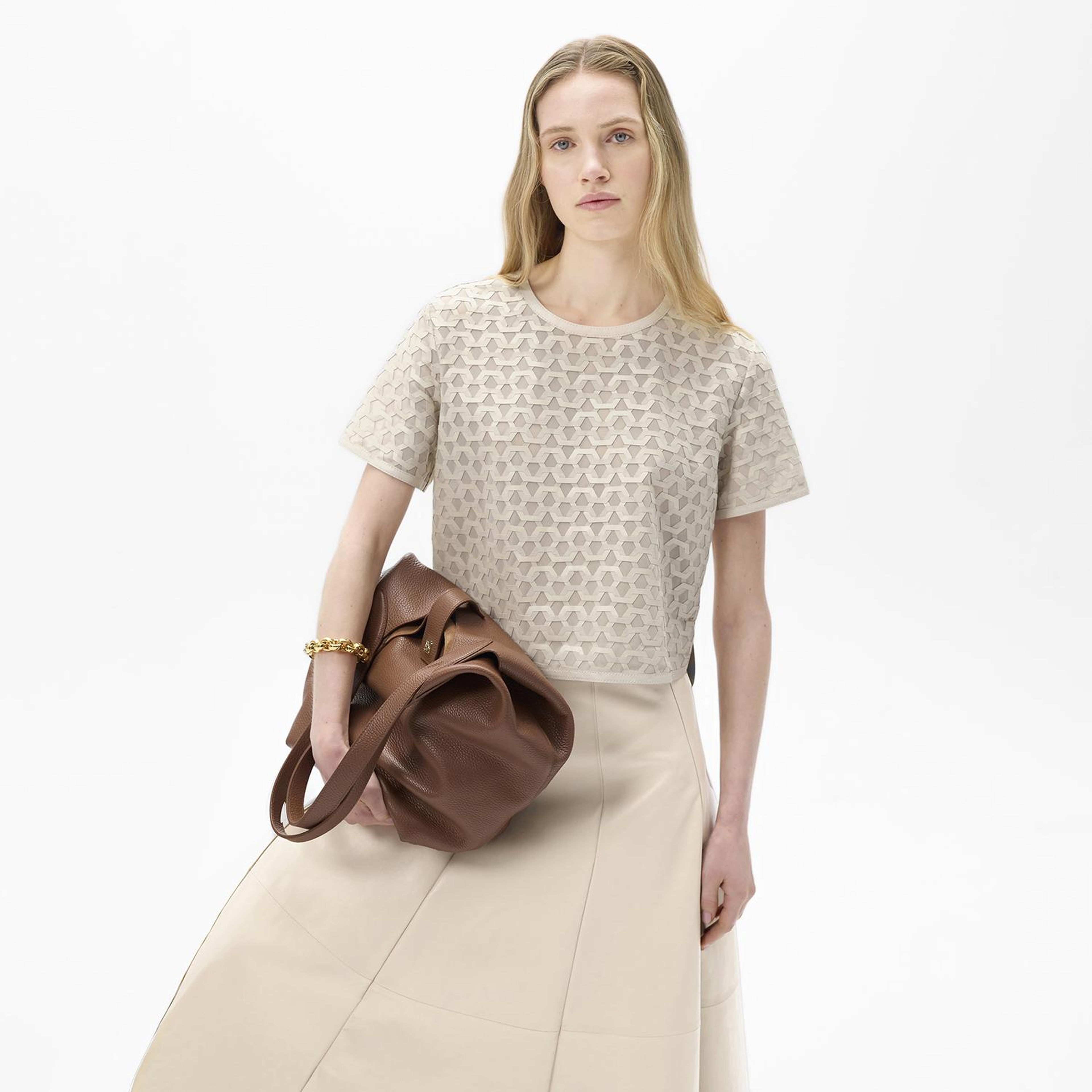 Kadın Beyaz Deri Detaylı Bluz